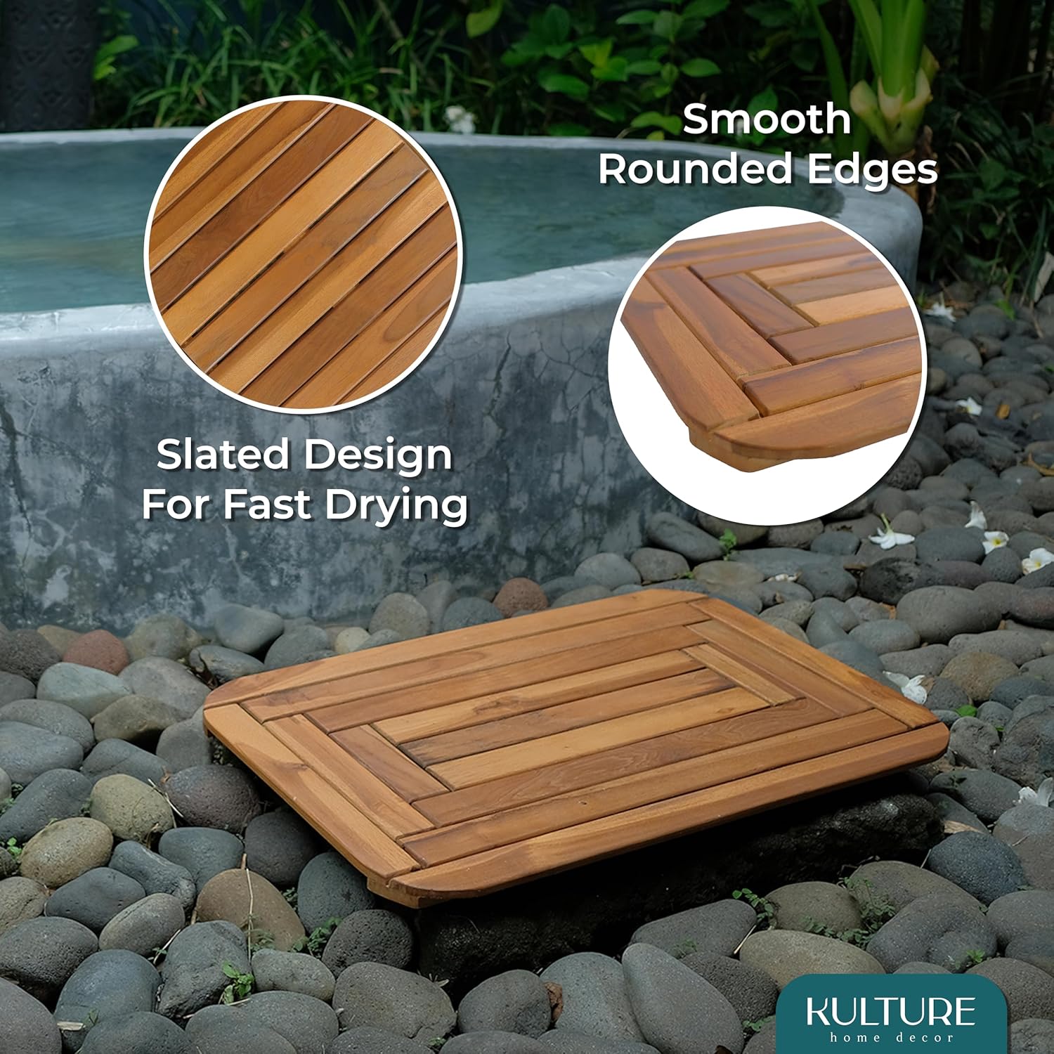 Wooden Bathroom Mat 30x20 in, Teak Shower Mat with Non-Slip Slats, Water Resistant Spa Sauna Shower Floor, Handcrafted in Java