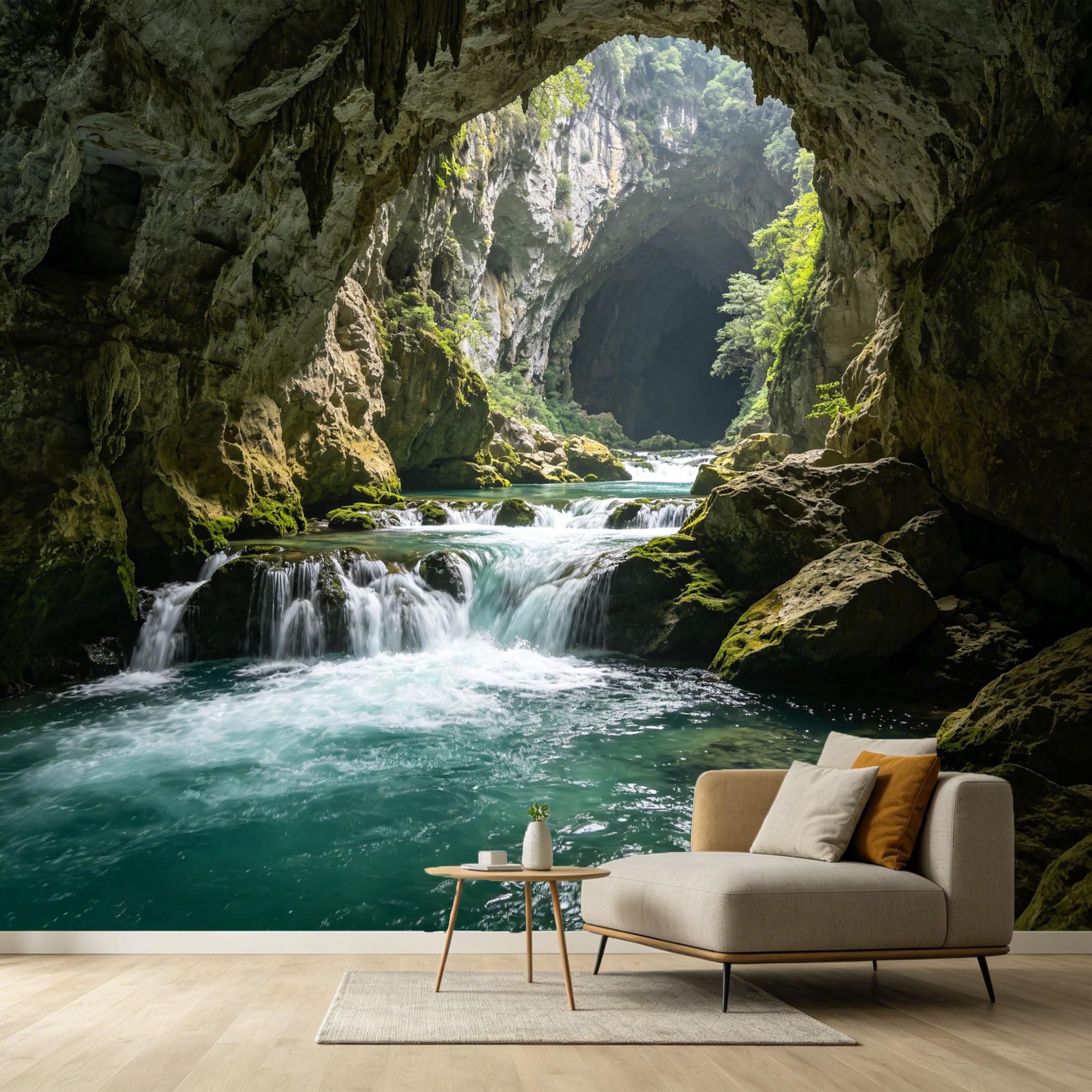 Custom Size Wall Murals Cave River Landscape 3D Trompe L'Oeil Waterfall Rocks SelfAdhesive Wall Fabric Removable Large Wallpaper for Photo Living Room