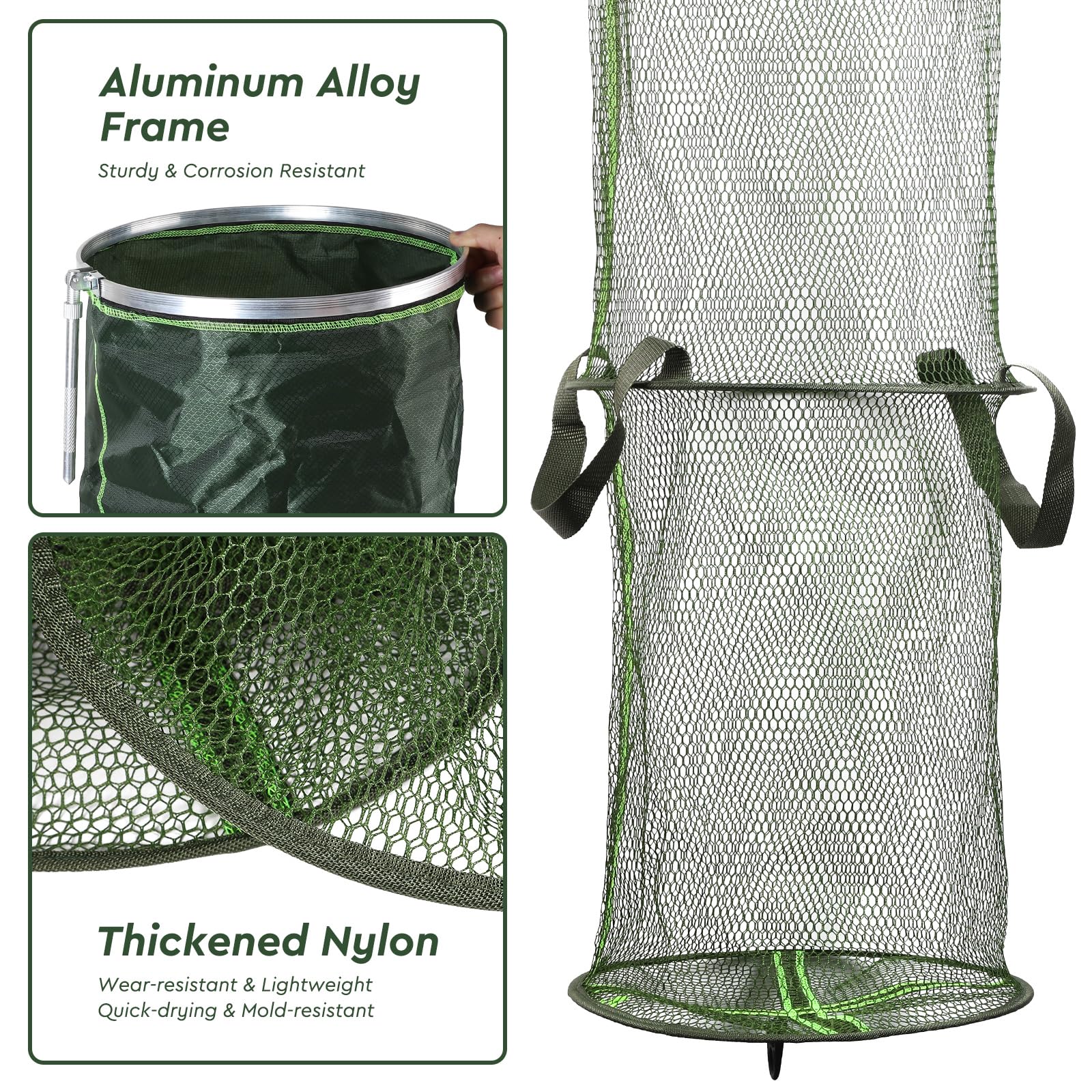 SWAWIS Filet de Maille des Poissons Pliable 170x33x33cm/200x33x33cm, Nylon et Alliages d'Aluminium, Panier à Poissons pour Conservation Temporaire du Poisson Crevettes Crabes Pendant la Pêche