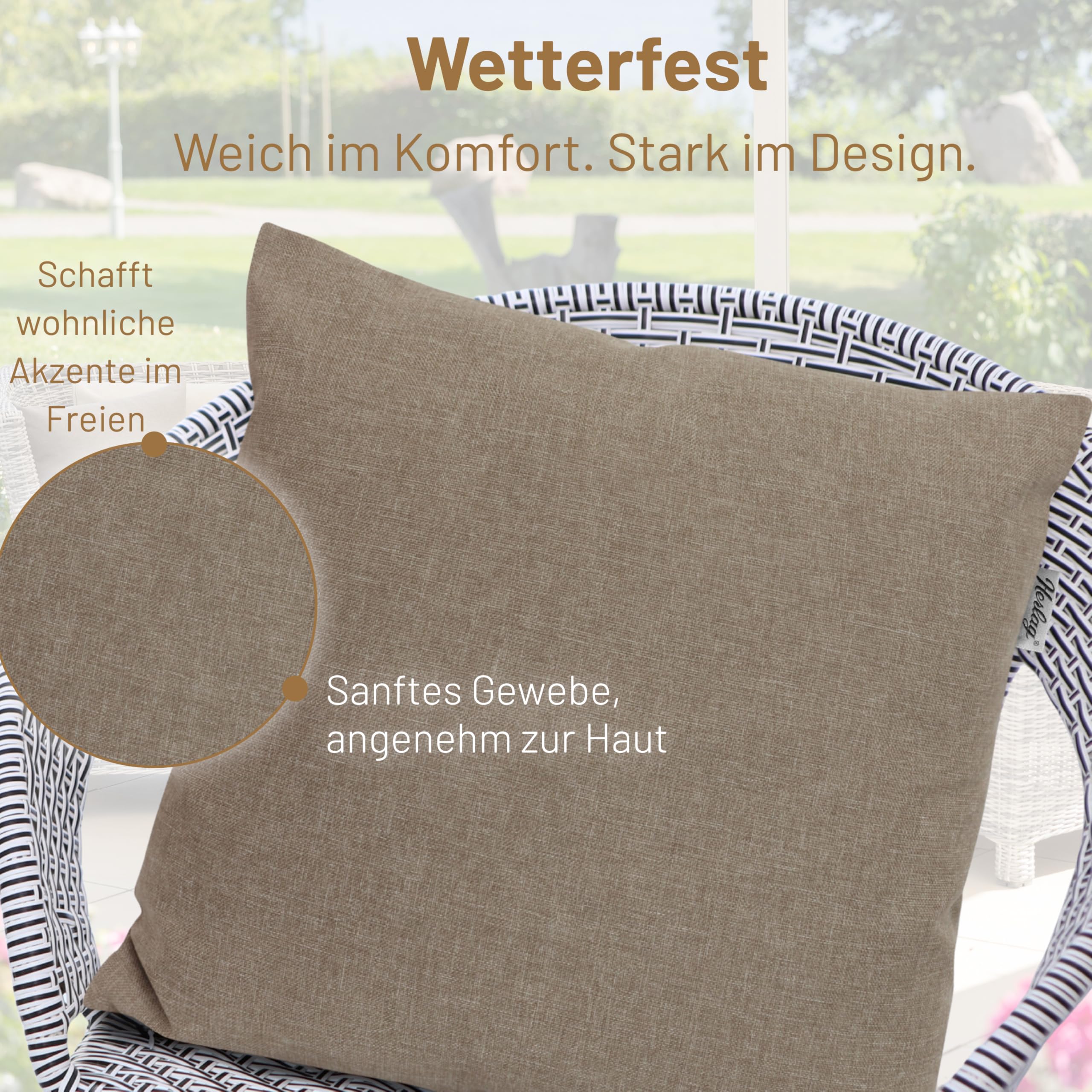 Herlag Sunny Outdoor Dekokissen 50x50cm – wetterfest & UV-beständig – waschbarer Bezug mit Reißverschluss – inkl. Innenkissen – Zierkissen für Balkon & Garten – Gartenkissen für draußen – Taupe