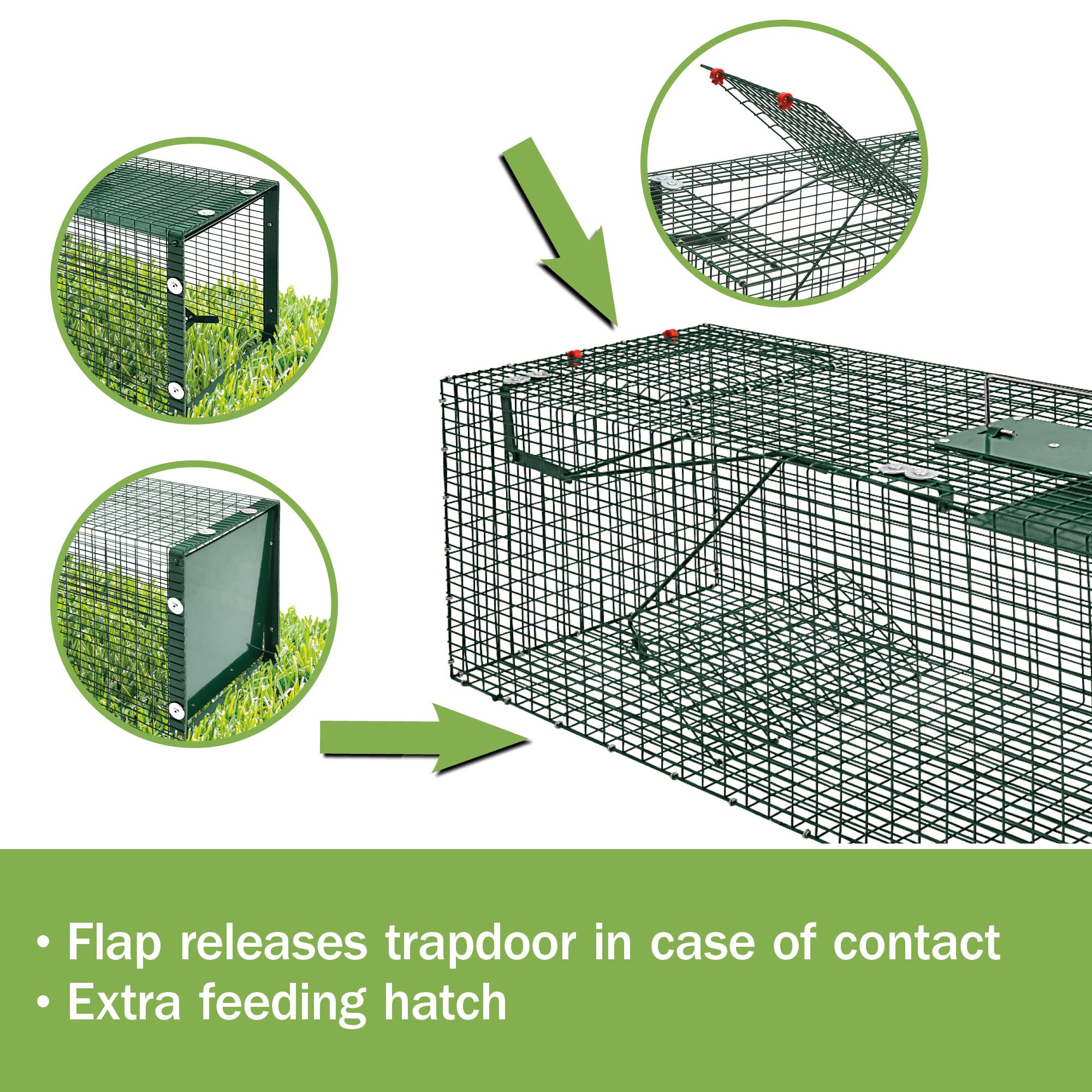 Moorland Trampa para Animales Vivos martas Gatos Zorros Conejos Entrada | 90x30x30cm con 1 estable caja puerta trampilla captura viva jaula Safe 5002