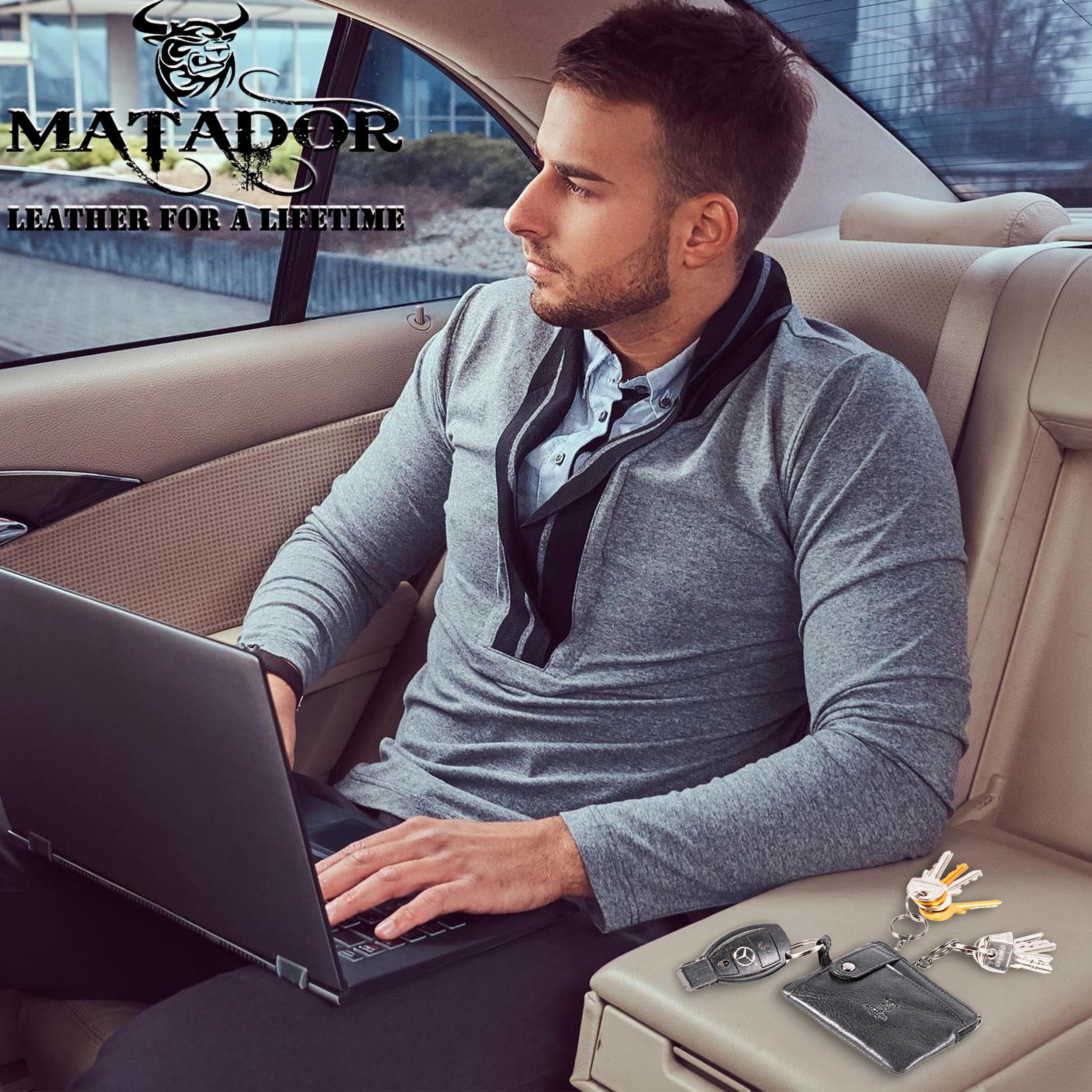 MATADOR Porte Clef avec 2 Porte Carte Crédit et Porte Monnaie en Cuir Véritable | Mini Pochette Rangement Clé avec Blocage RFID et Boîte Cadeau | Sac Cuir Porte Clés Multifonction | Accessoire Voiture