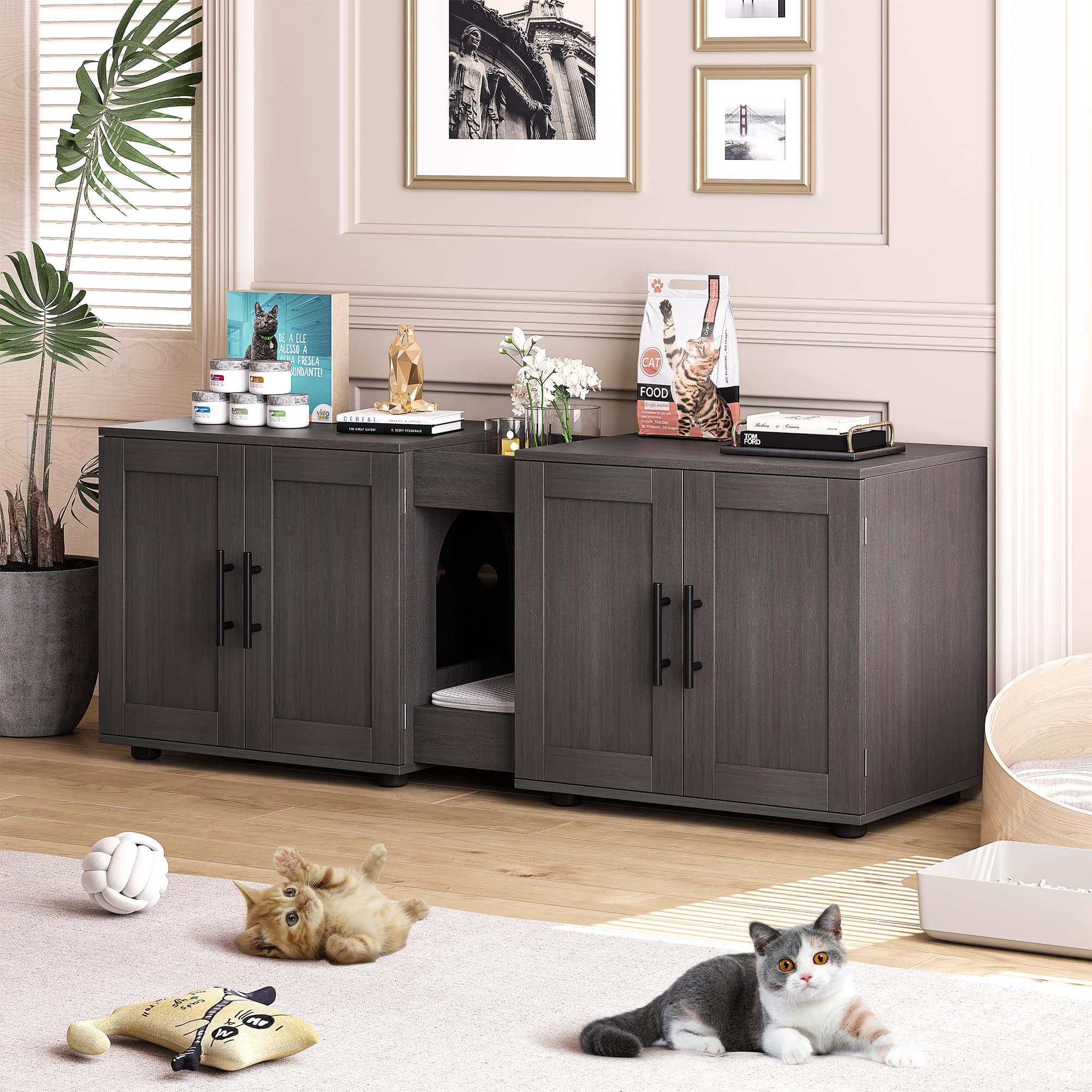 GarveeLife Mueble Arenero para Gatos – Gabinete Oculto con Doble Compartimento para 2 Cajas, Diseño 3 en 1 Mesita Lateral, Madera Impermeable, Negro 140x45x52 cm