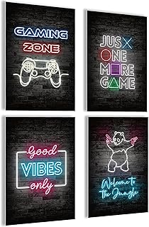 mojoliving Gaming Zimmer Deko Bilder | Poster Wand für Gamer Jugendzimmer | Set mit Neon Sign Motive | Coole Geschenke für Gamer | Zocker Bilder Wand | Neon Wandbild