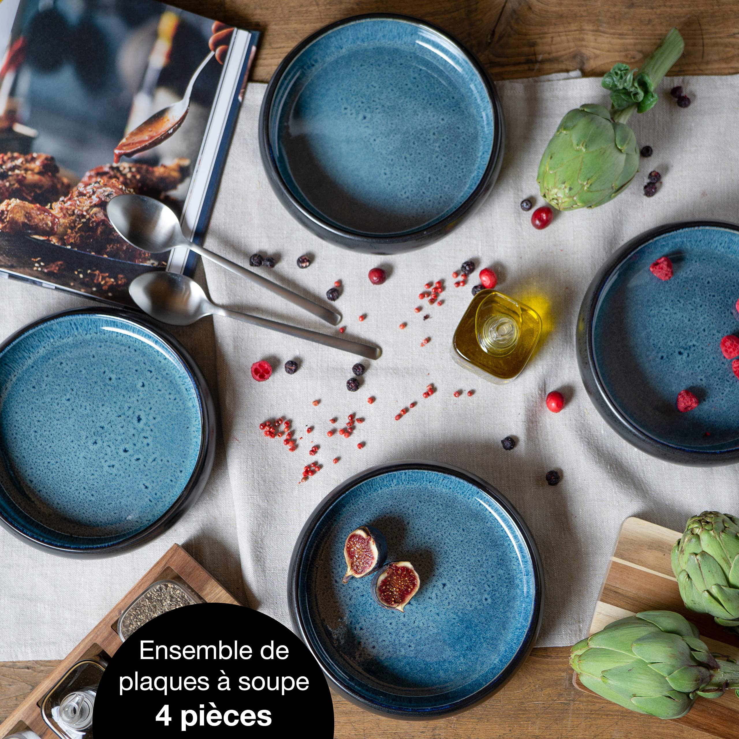 Moritz & Moritz Solid Lot de 4 assiettes creuses en grès 19 cm - Bol en grès pour soupe, pâtes, salade ou céréales