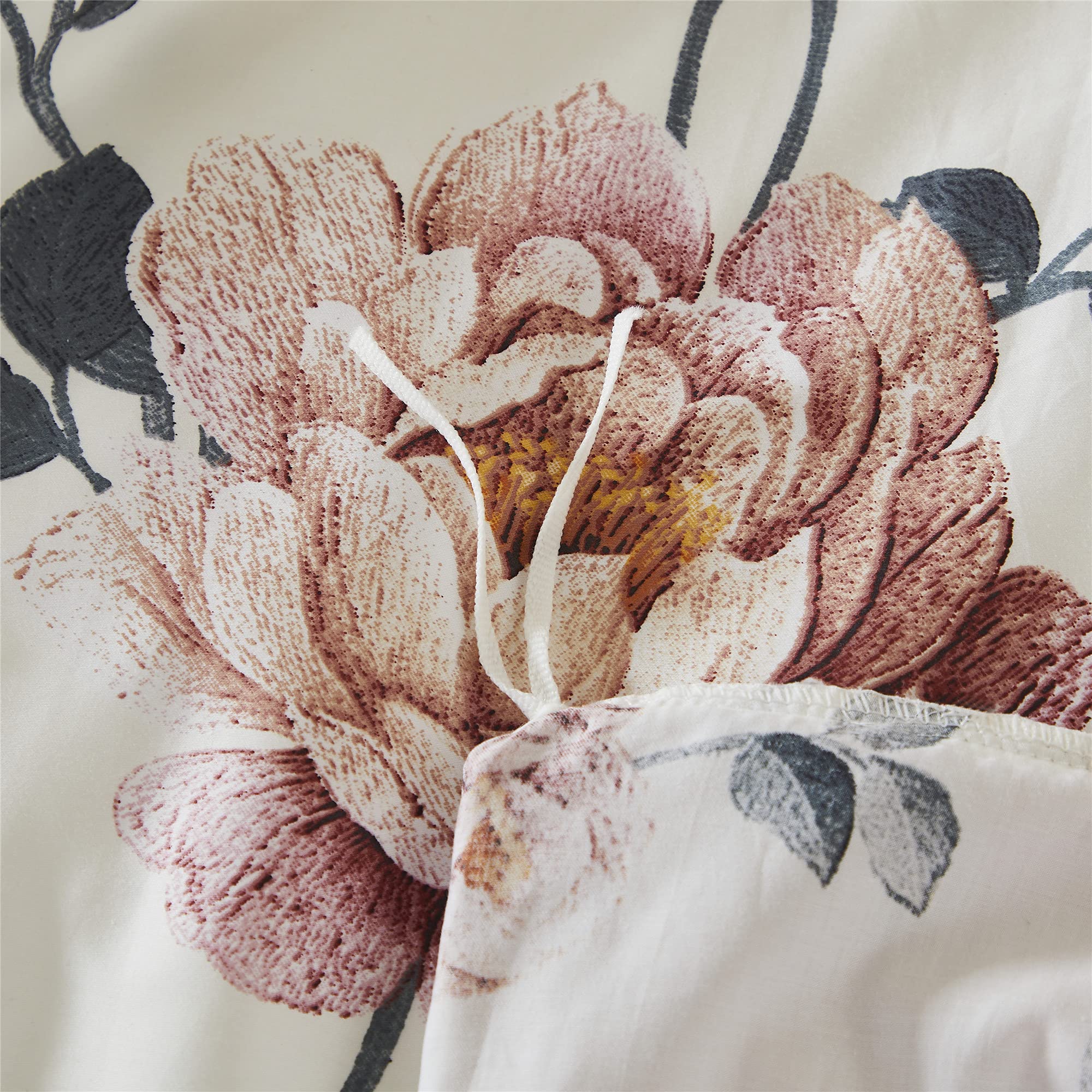 FADFAY King/Cal King Duvet Cover Set - 100% Cotton Shabby Beige Floral, Vintage Farmhouse Bedding