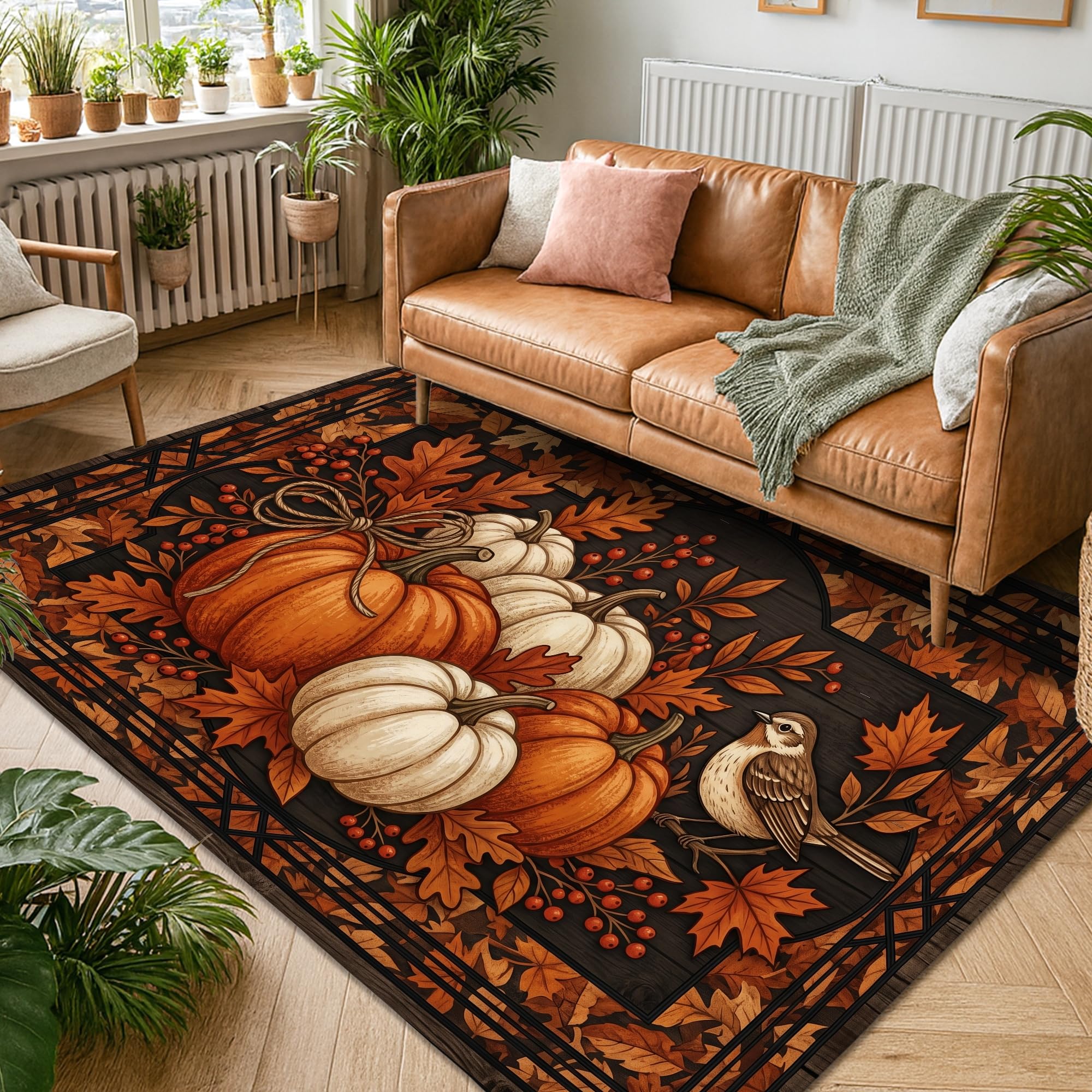 Alfombra rústica tradicional con diseño de calabazas, hojas, pájaros, otoño, naranja, antideslizante, suave, rectangular, resistente a las manchas, para sala de estar, dormitorio, aula, decoración de