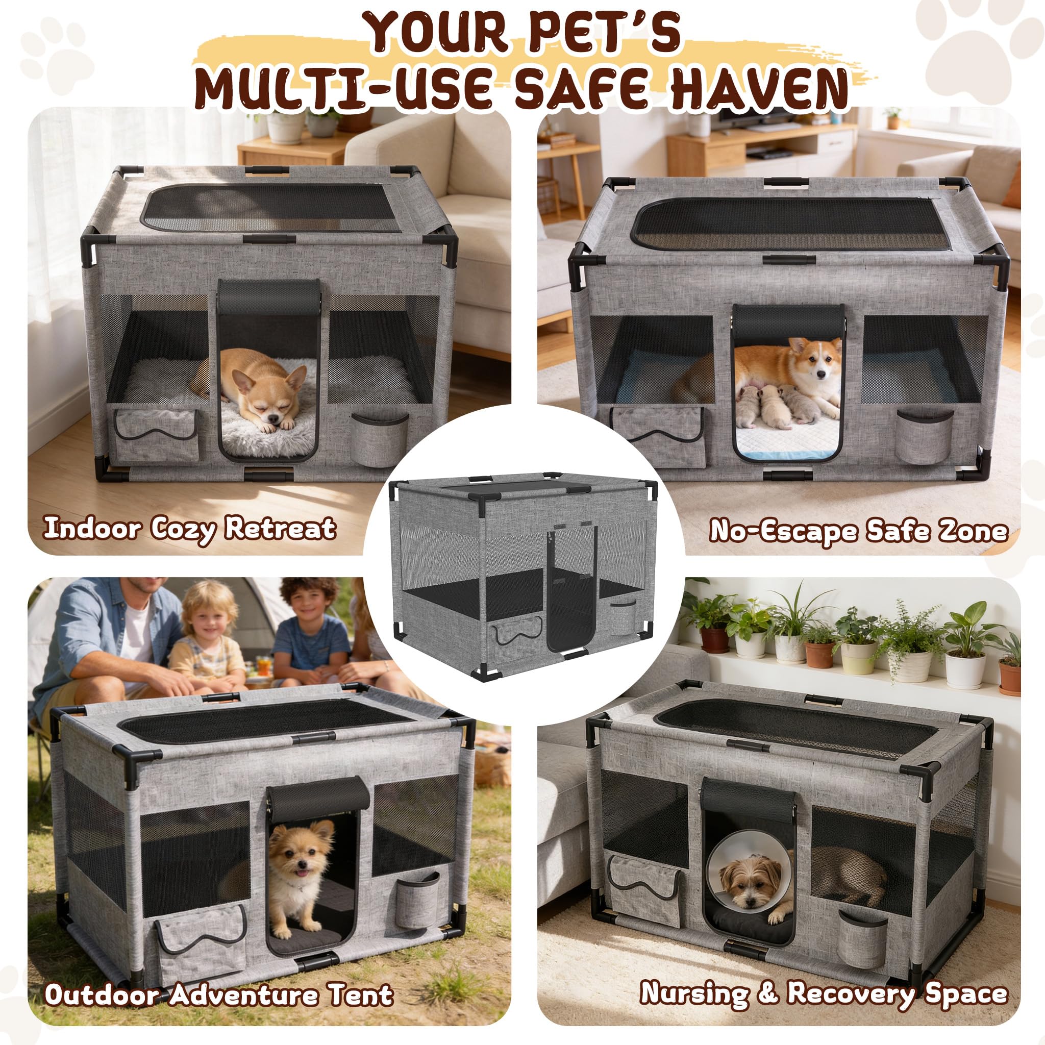 UISEBRT Caño para cachorros de tejido Oxford, red transpirable con cremallera y bolsillo lateral, parque infantil interior para perros y gatos, 85 x 65 x 64,5 cm, rectángulo