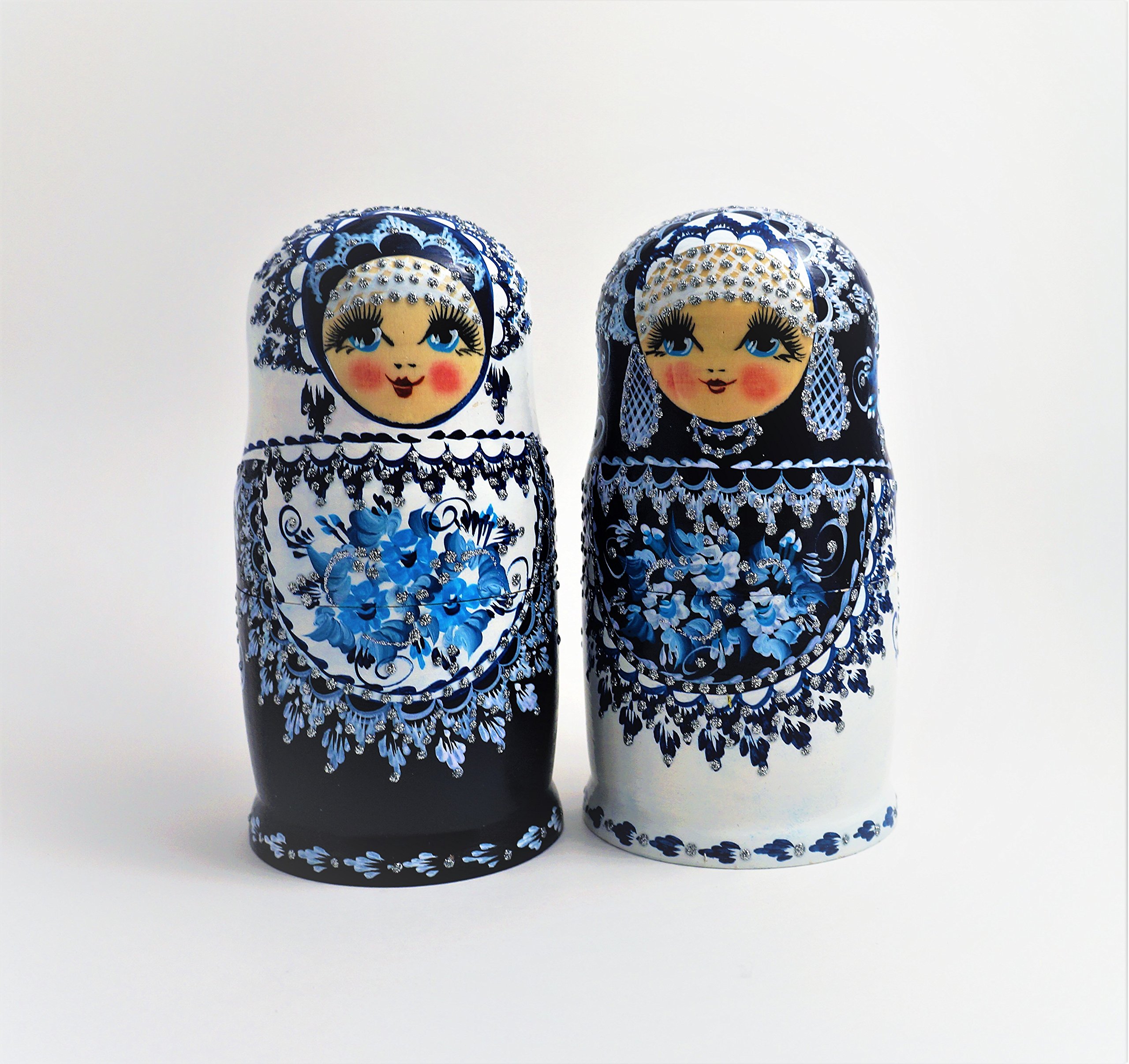 5 pcs Russian Matryoshka, Nesting Doll "Blue Gzhel" 7" Tall