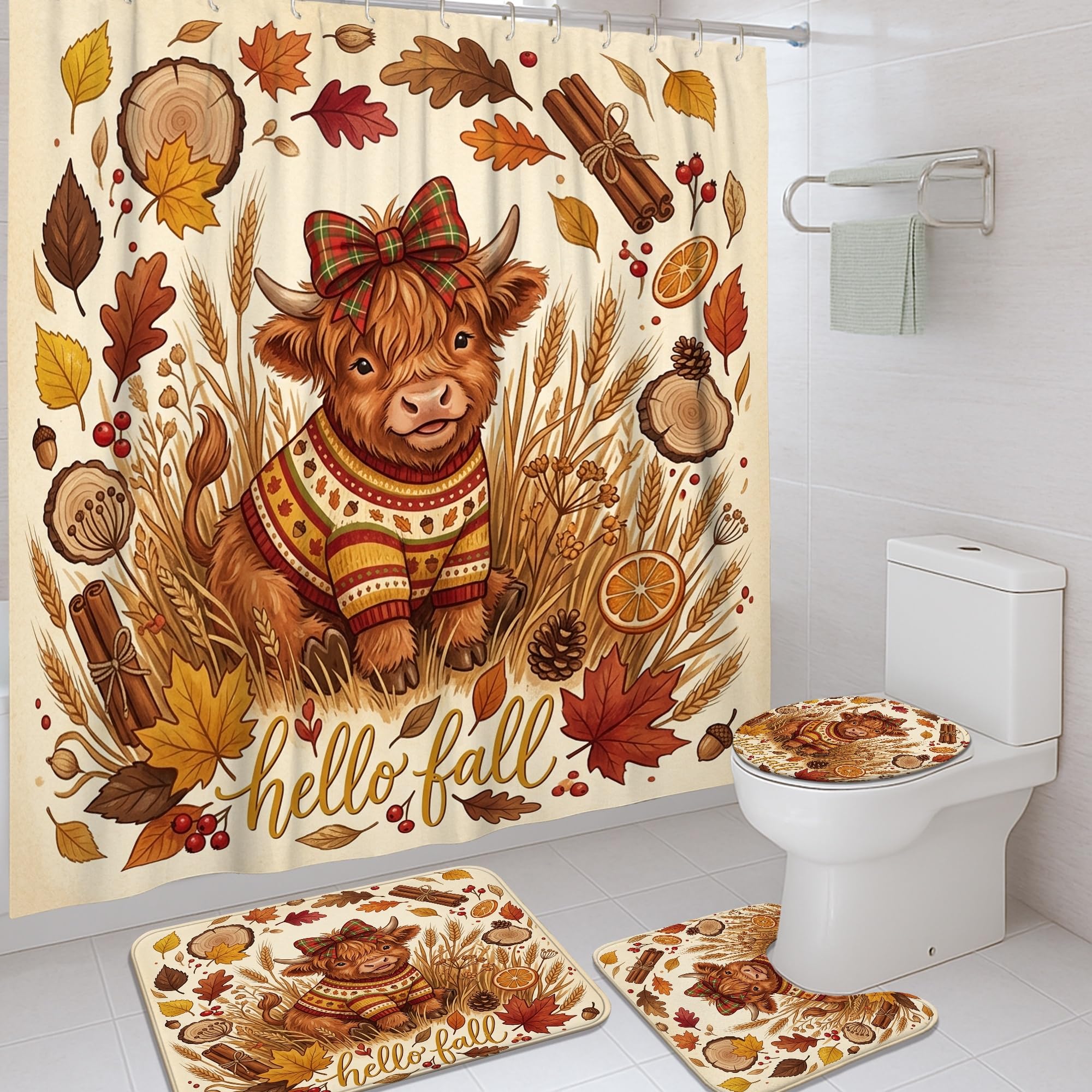 Rideau de douche vache des Highlands 183x183 cm avec tapis marron