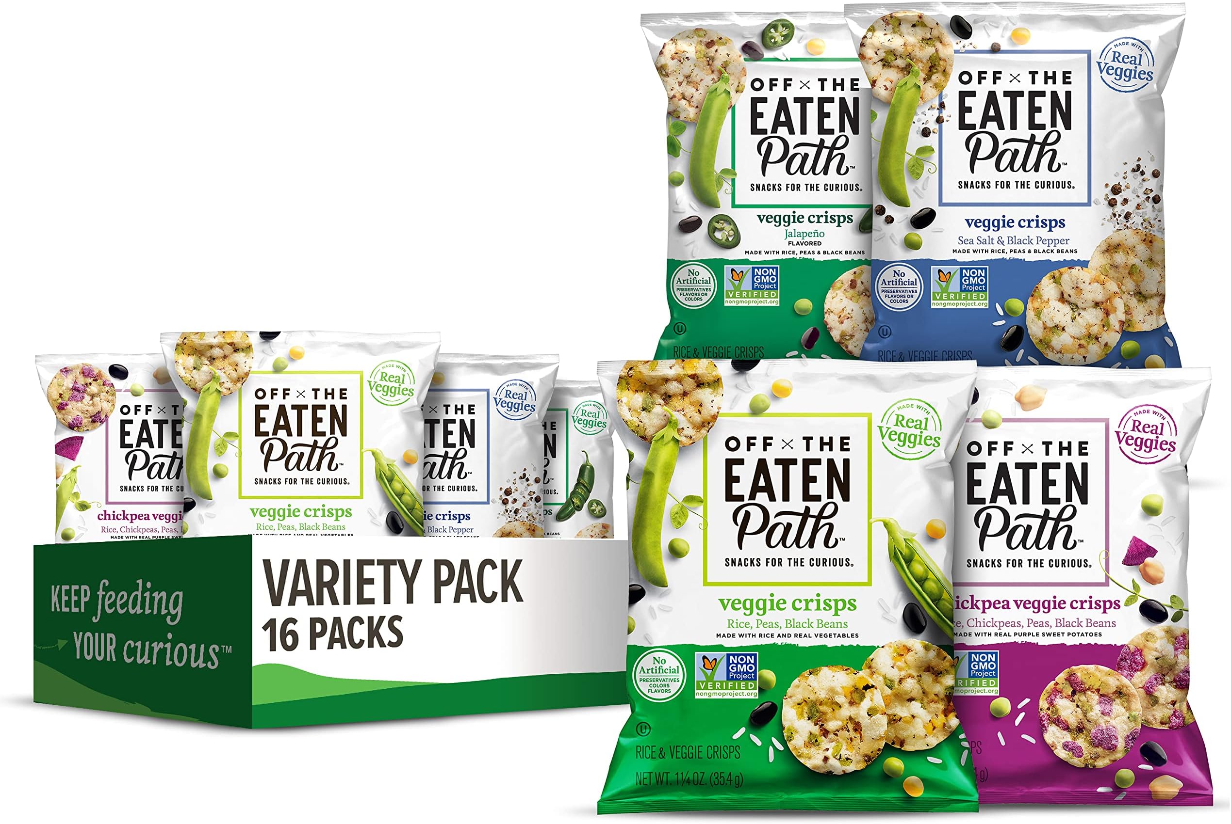 Off The Eaten Path 4 Flavor Sampler Veggie Crisps Variety Pack Gluten Free and made with real veggies, Pepper, 1.25 Ounce (Pack of 16)