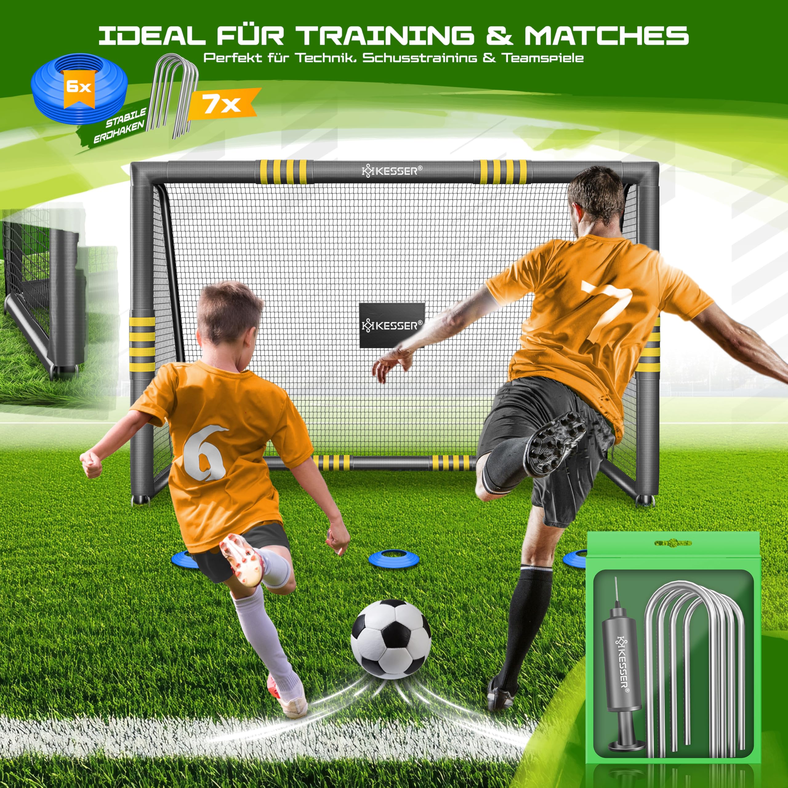 KESSER® Porta da calcio – Porta da calcio di alta qualità 240 cm, allenamento tiro allenamento rete resistente ai raggi UV, telaio in acciaio con imbottitura, picchetti per terra, pompa ad aria, coni