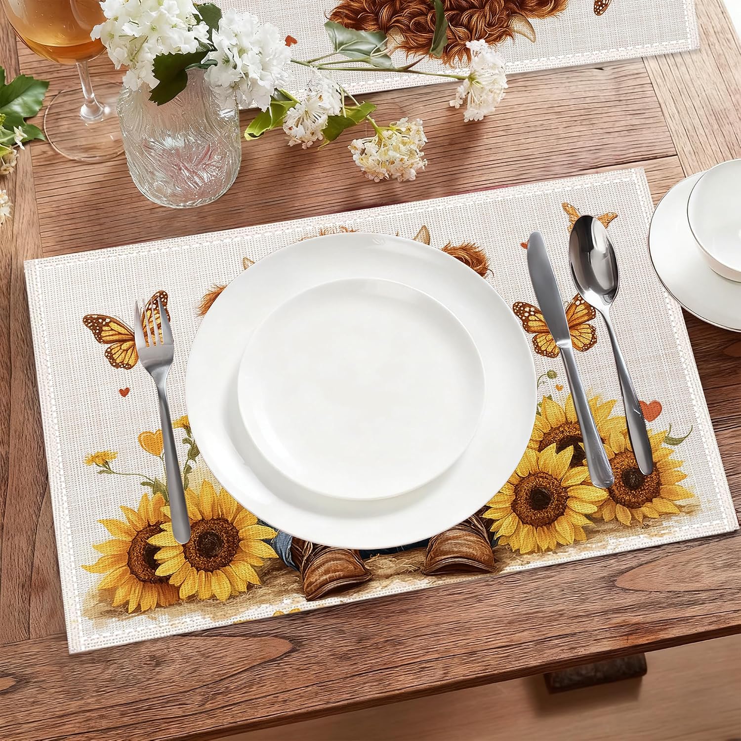 Cute Highland Cow Table Placemats Set of 6,Non-Slip Rustic Sunflower Butterfly Fabric Placemats for Dining Room Kitchen Party Holiday, Indoor Cloth Table Mats for Home Decor 11.8x17.7 Inch
