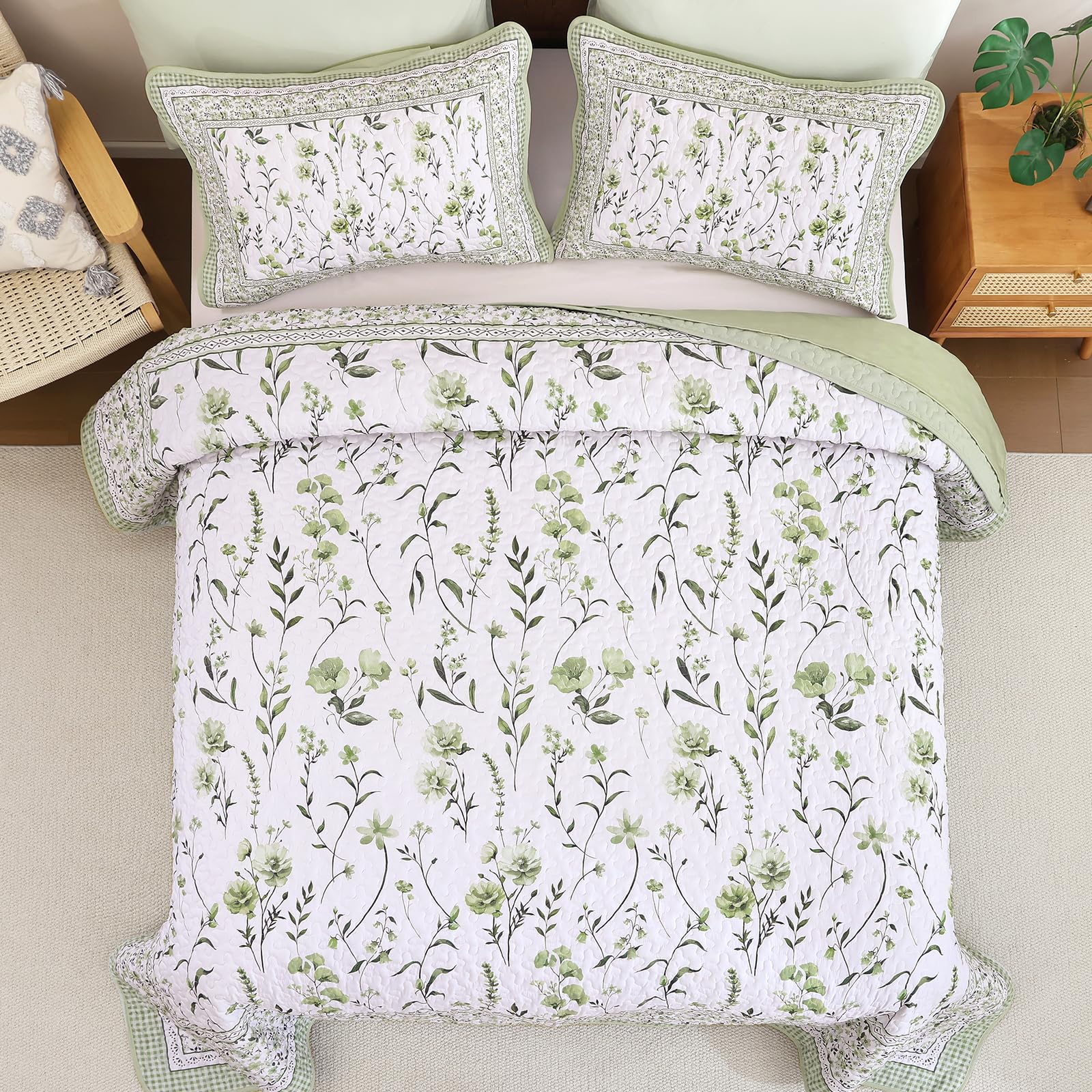 WONGS BEDDING Bettwäsche-Set mit Blumenmuster, Queen-Size-Größe, Salbeigrün, Tagesdecken-Set mit 2 Kissenbezügen, Mikrofaser, leicht, Blumen, botanische Bettwäsche-Sets für alle Jahreszeiten (243,8 x