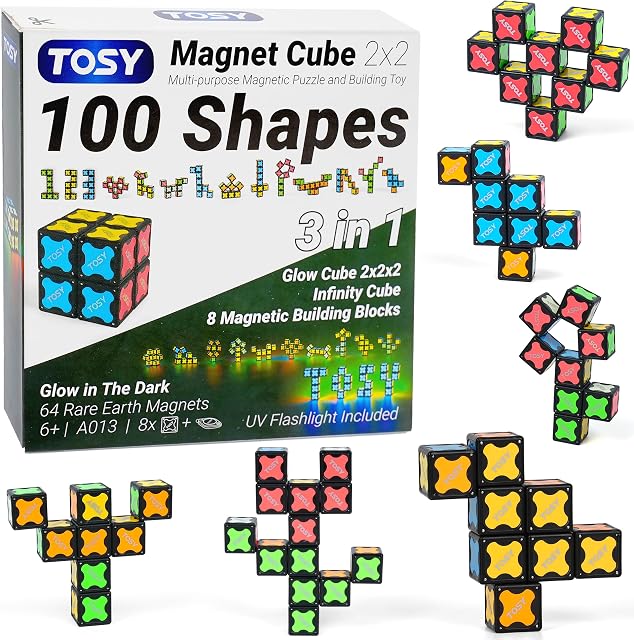 TOSY Cube aimanté 2x2-8 Blocs, 2 en 1 Jouet : 2x2x2 Cube de Puzzle et Cube d'infini personnalisable, Glowing, UV Lampe de poche, Fidget/Sensory/STEM/STEAM Magnet Tiles Cadeau d'anniversaire pour enfants/adolescents/adultes