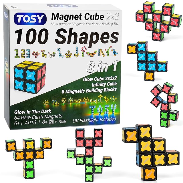 TOSY Magnet Cube 2x2 - 8 Bloques, Juguete 2 en 1: Rompecabezas magnético y Cubo Infinito Personalizable, Brilla con luz UV, Linterna UV incluida, Regalo de cumpleaños, Juguete sensorial/Stem