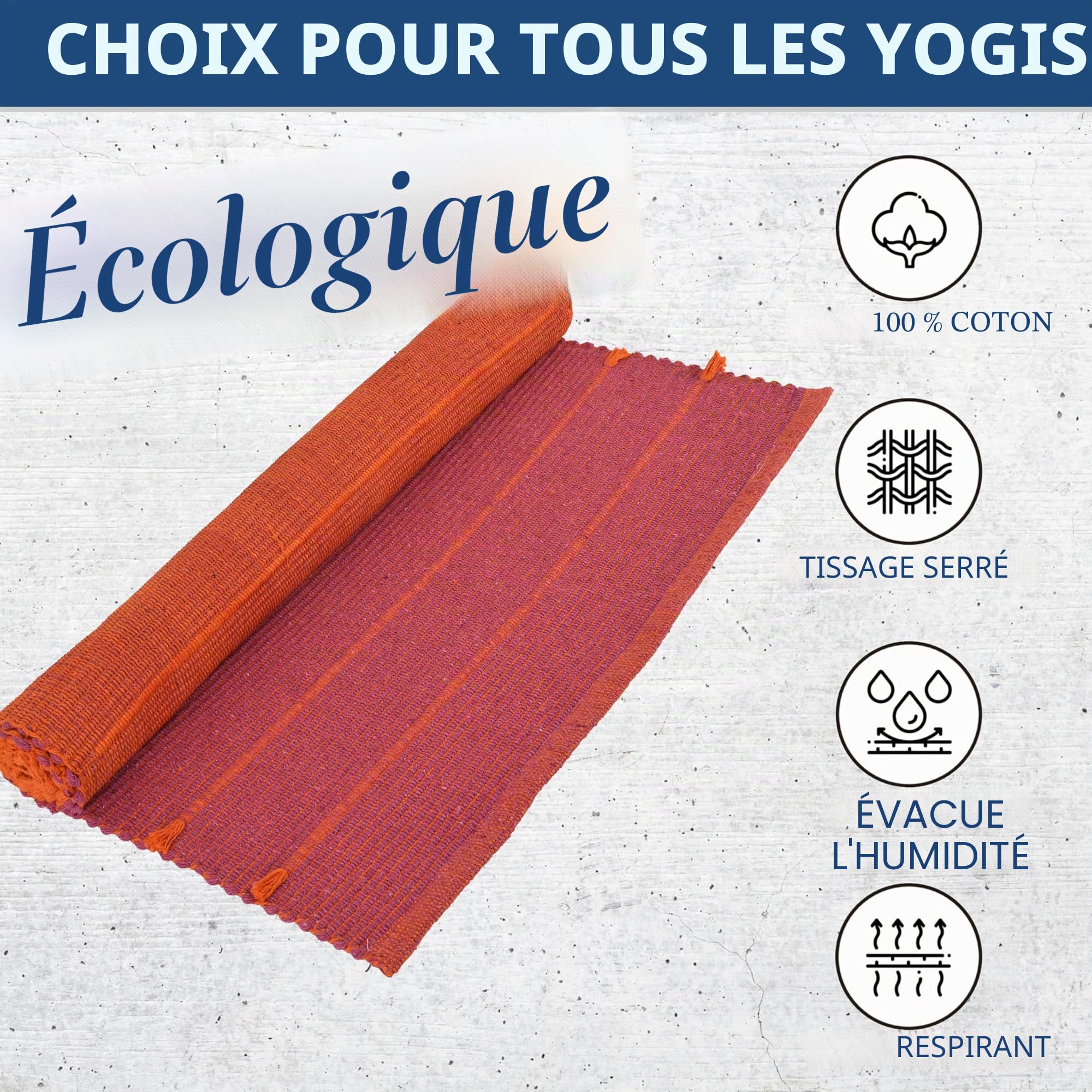 Tapis de yoga 100 % coton bio antidérapant : écologique, tissé à la main et extra long (71,1 x 188,8 cm) pour un confort et une stabilité ultimes avec sac de transport en coton