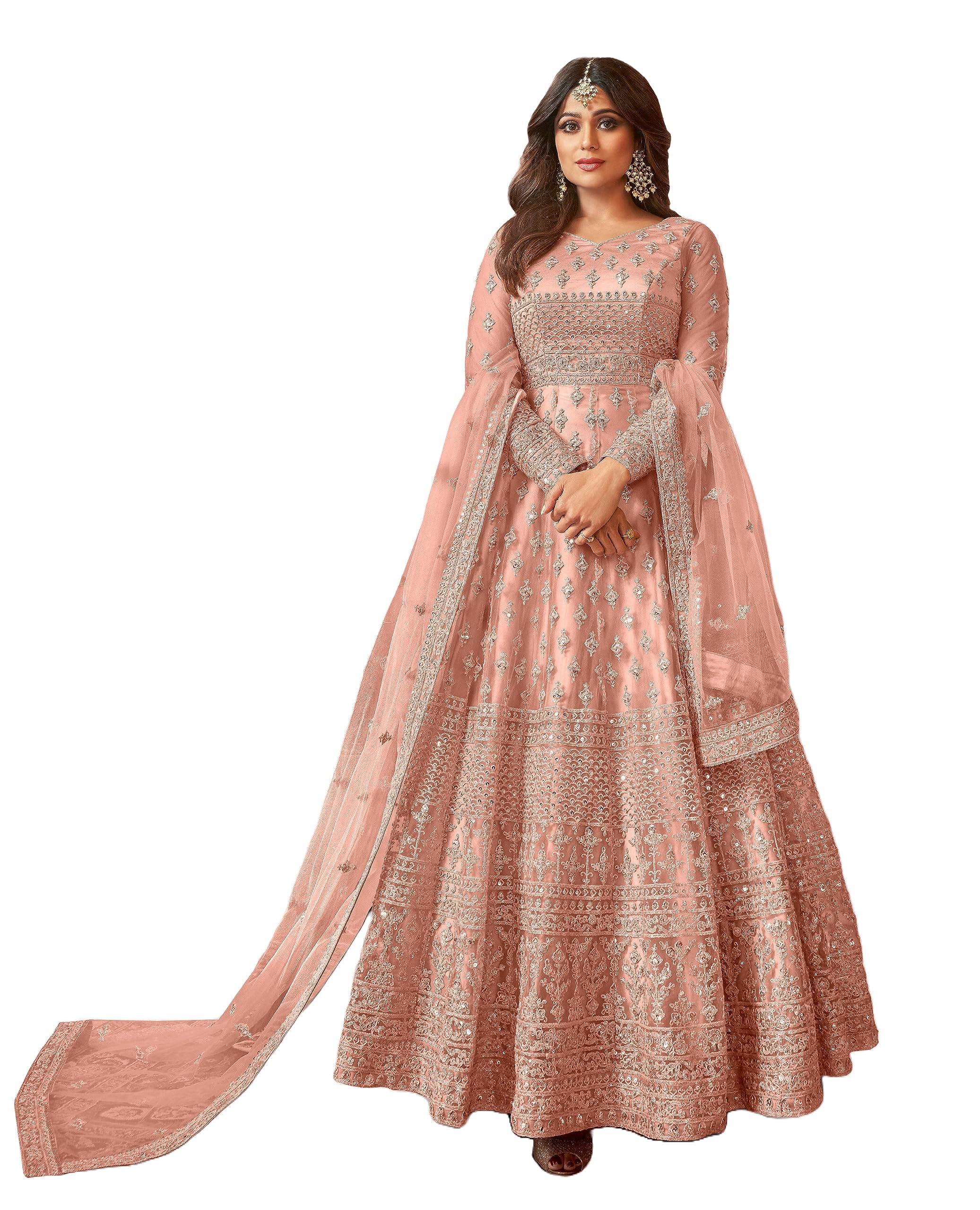 Divine EximWomen's Net Semi Stitched Gown Top With Satin Silk Fabric Bottom & Net Dupatta Embroidered Anarkali Dress