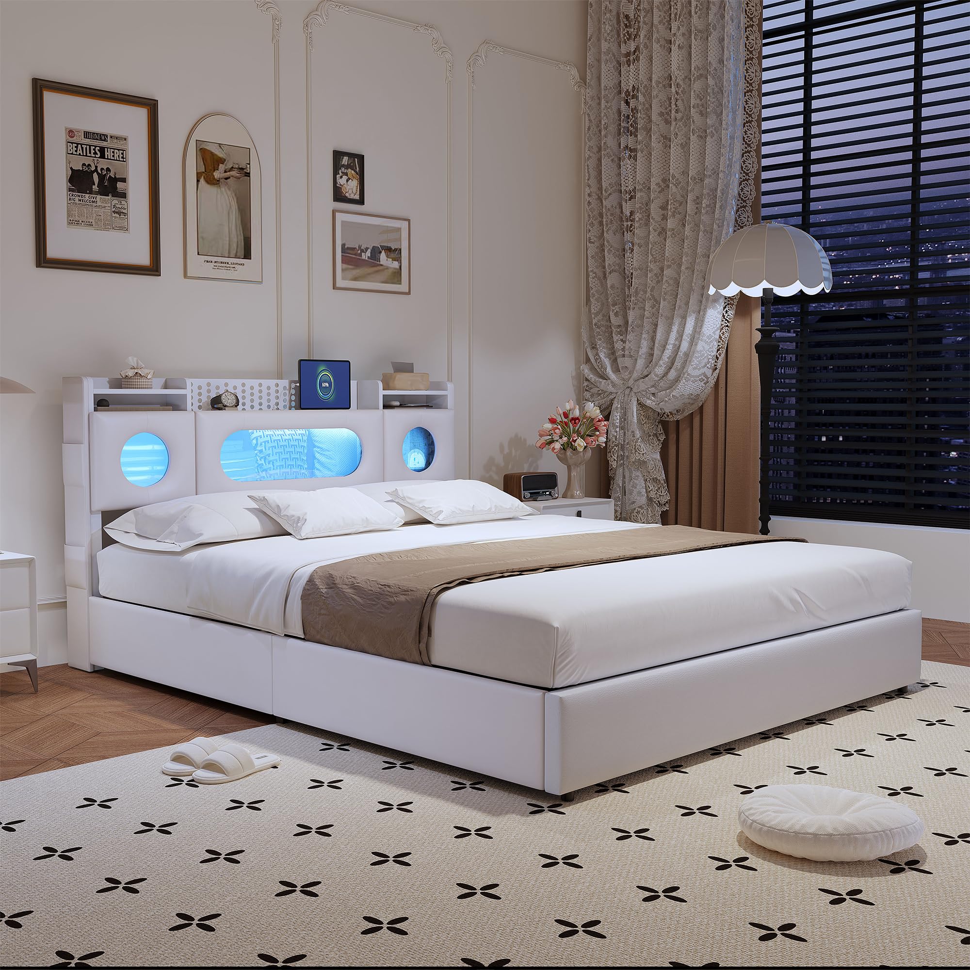 KeepGoon Cama de Matrimonio de 140 x 200 cm, de Poliuretano, con cabecero abatible, Tira de luz LED e interfaces USB y Type-C con somier de láminas y función de Almacenamiento