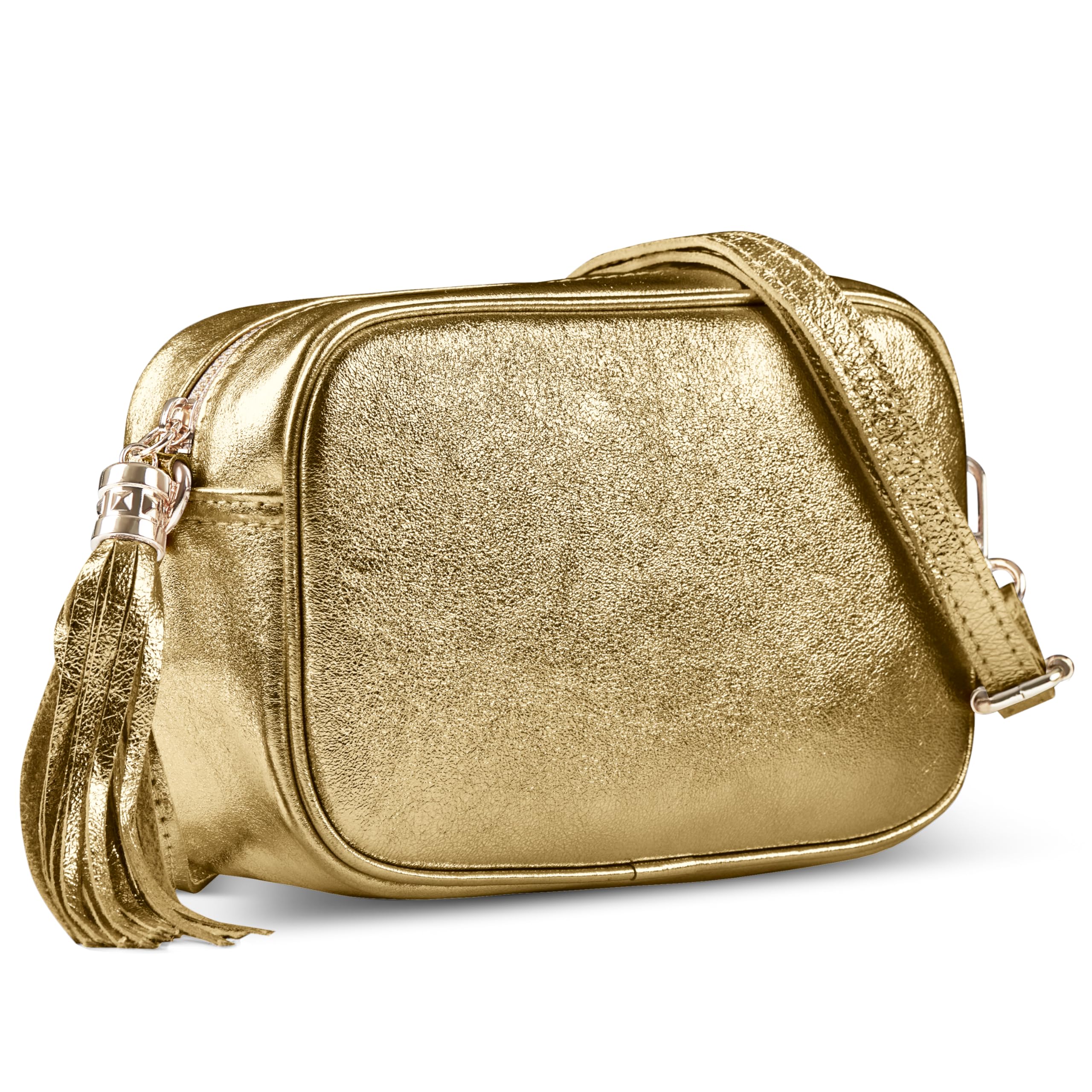 Italian Genuine Metallic Suede Crossbody Bag for Women with Zipper Small Leather Camera Purse Shoulder Handbag Pocketbook
