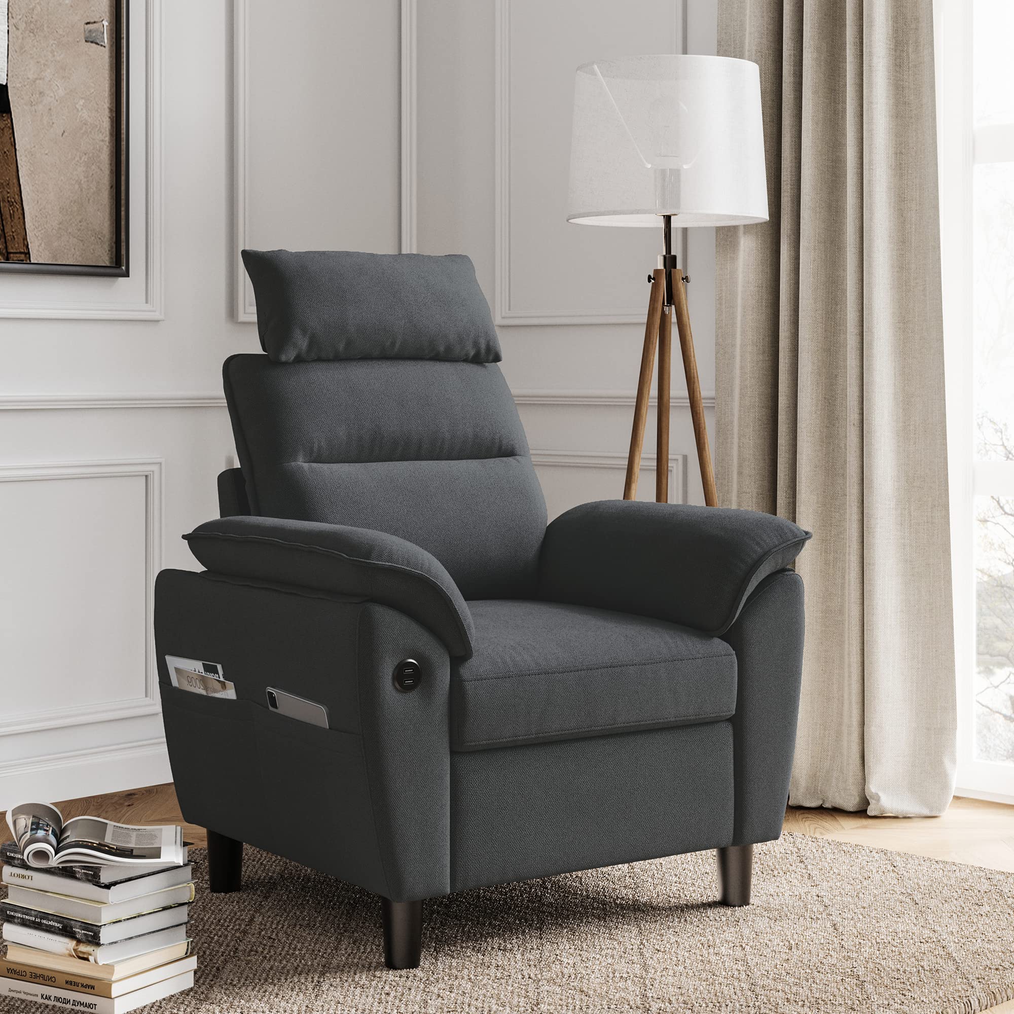 LINSY HOME Accent Chair, Sectional Sofa Living Room Chair with 2 USB Charging Ports and Side Pockets, Small Single Sofa Arm Chair, Modern Reading Chair for Living Room, Bedroom, Dark Gray