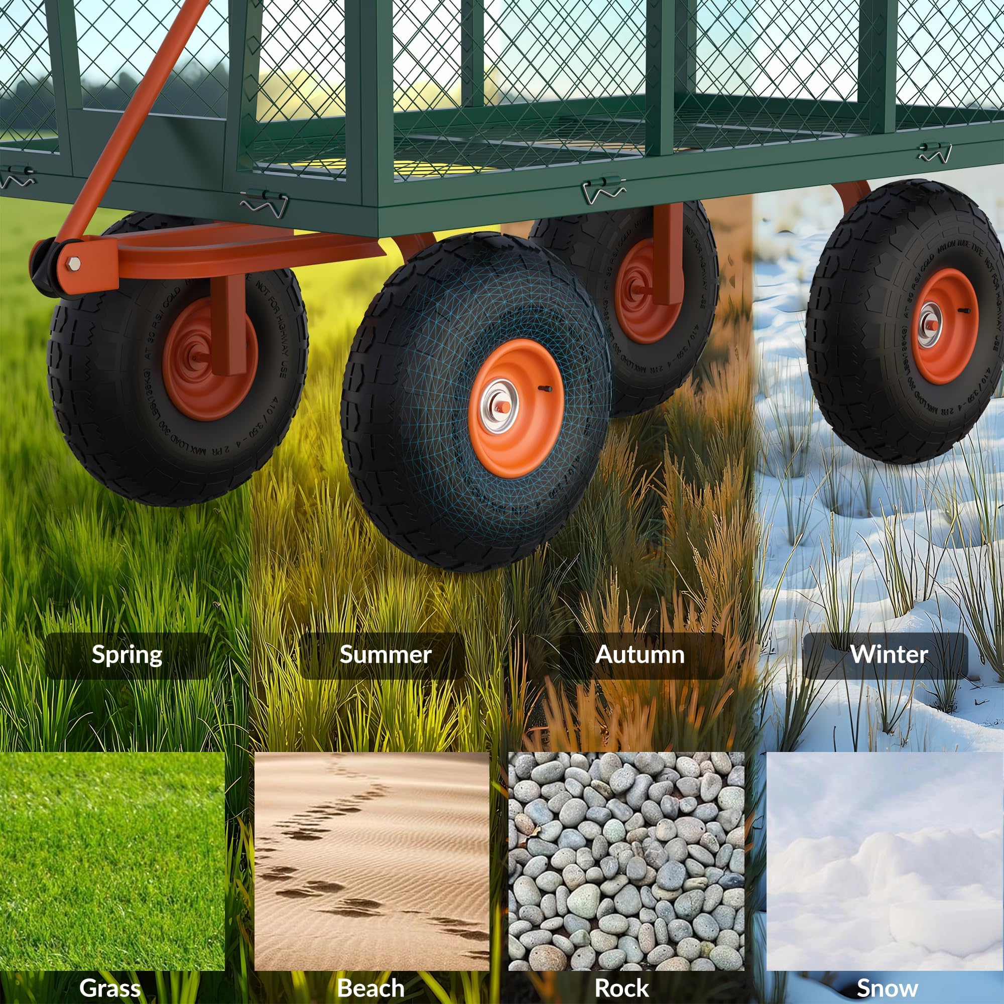 Garvee Carretilla de Jardín de Acero de Alta Resistencia, Carro de Transporte Exterior con Paneles Laterales Extraíbles, Capacidad de Carga de 227 kg, Ruedas Neumáticas Todo Terreno, Verde y Naranja