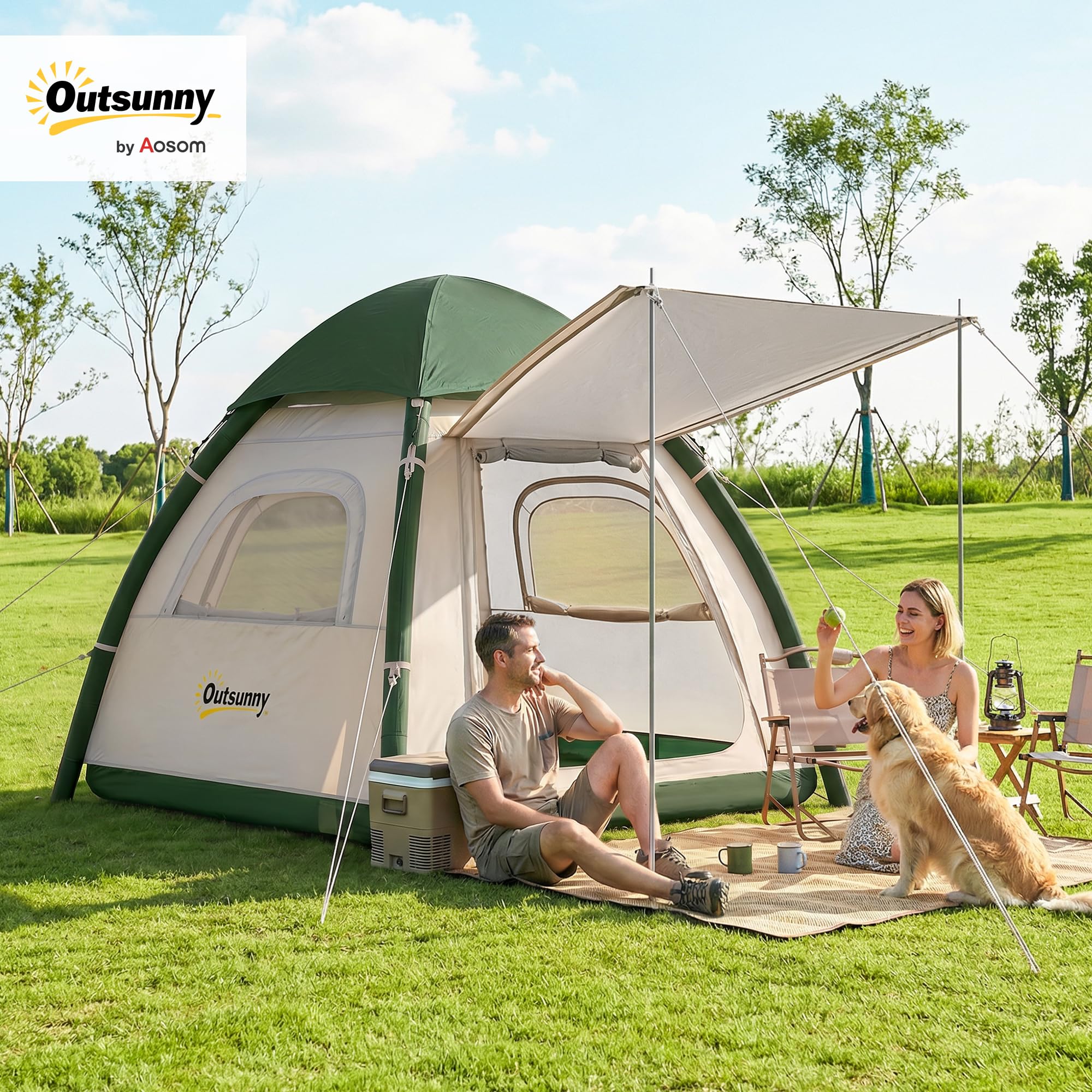 Outsunny Tente de camping gonflable avec pare-pluie, tente gonflable pour 3 personnes, tente gonflable étanche de 3000 mm avec vestibule, hauteur de hauteur de 190 cm, pompe de sécurité à gonflage