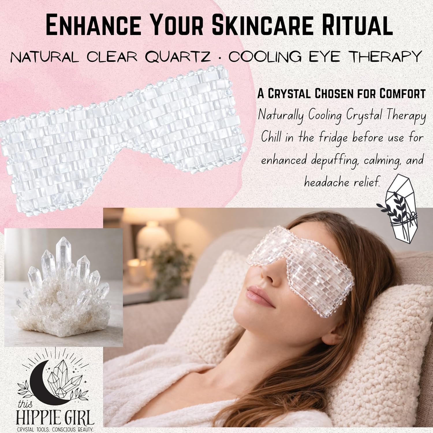 Clear Quartz Crystal Eye Mask – Natural Stone Eye & Face Mask for De-Puffing, Relaxation, Facial Tension Relief, Cooling Natural Stone Self-Care Ritual by This Hippie Girl