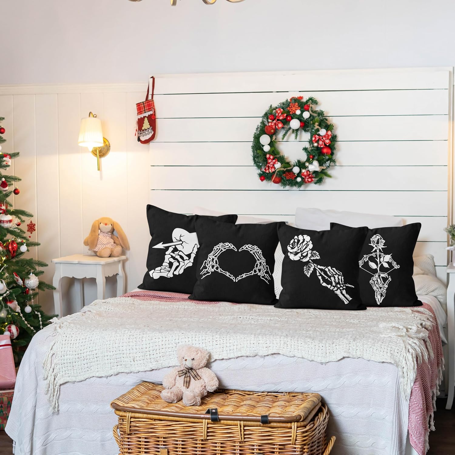 Gothic Bedding Decor Throw Pillow Covers Set of 4, Tarot Pillow Case, Gothic Bride Valentines Skeleton Gifts, Black (11x11)