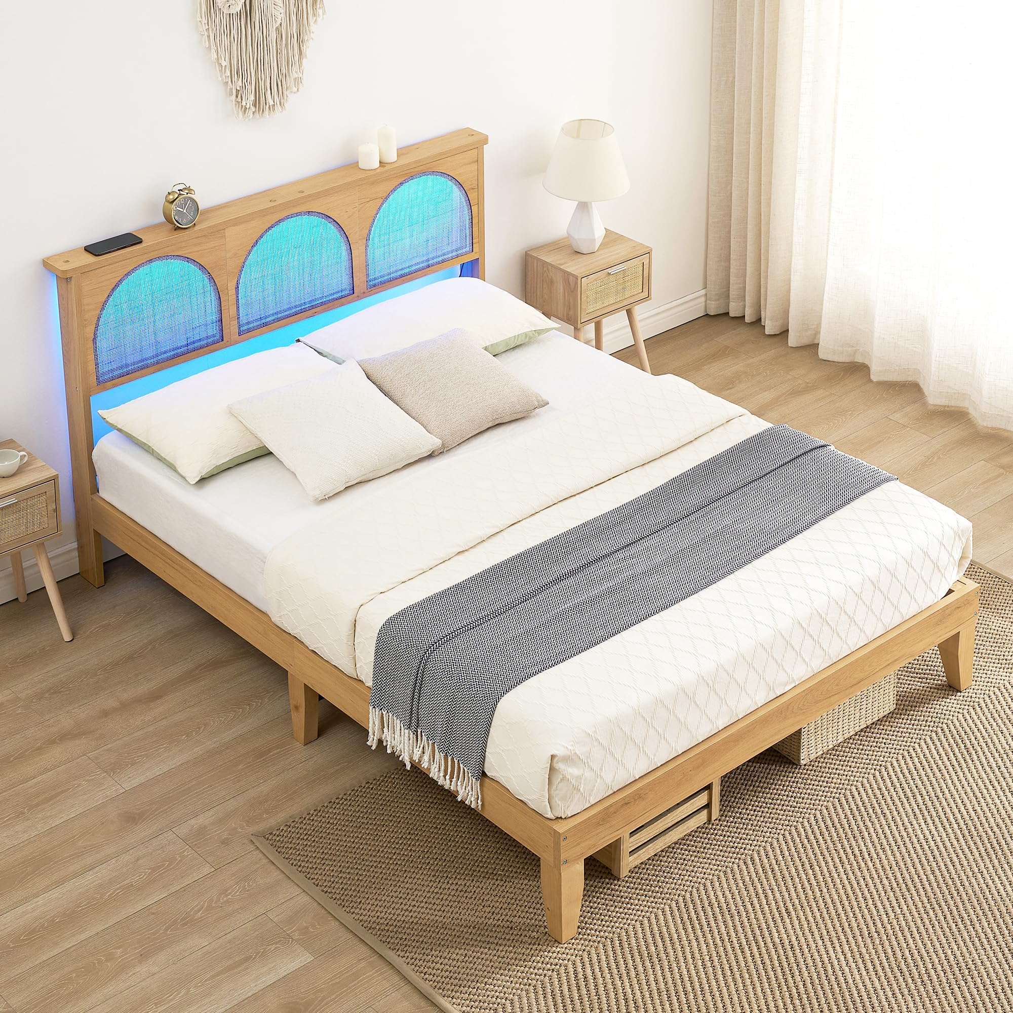 Amazon.com: GAOMON Queen Bed Frame with Natural Rattan Headboard, Queen ...