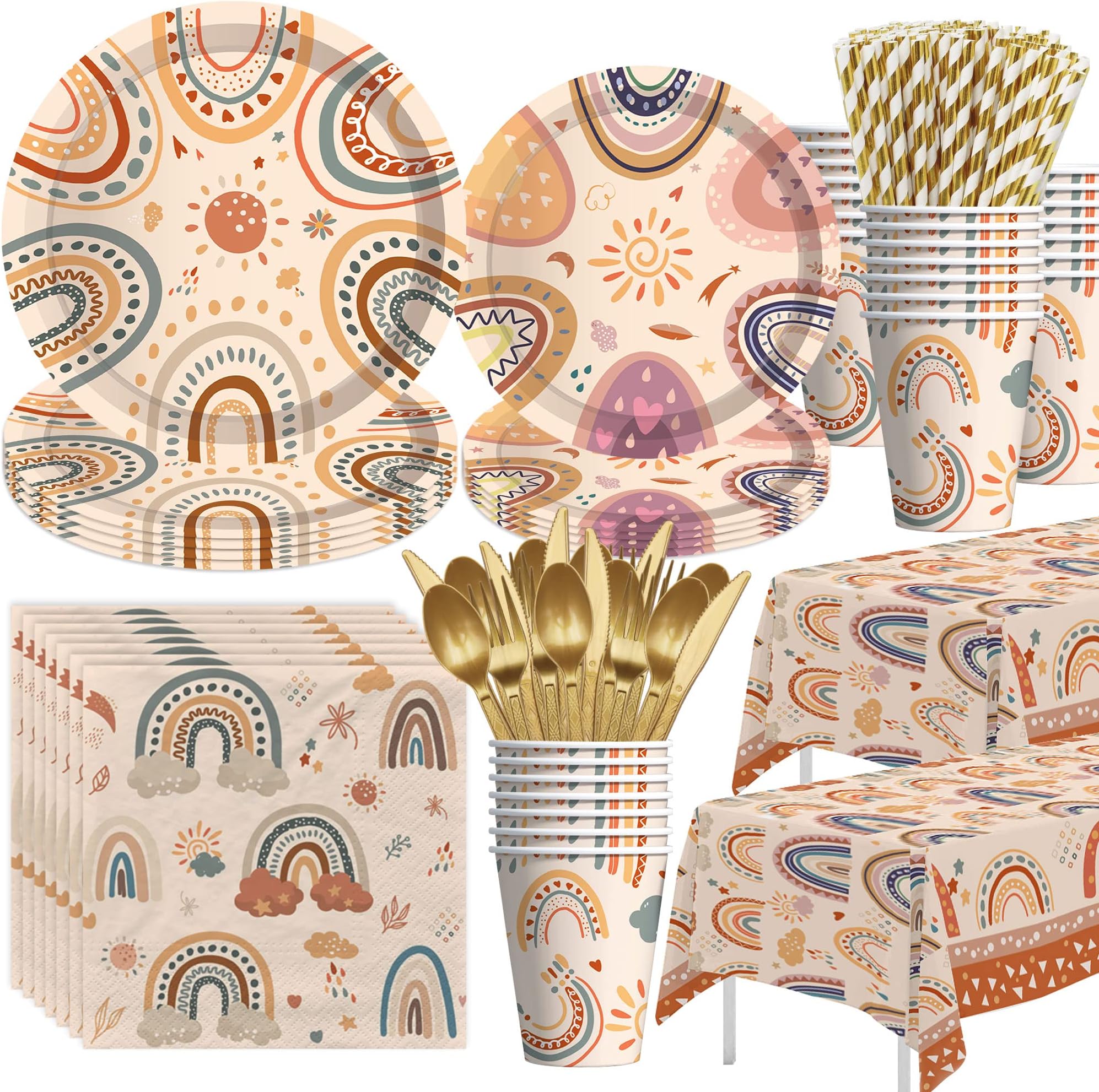 Boho Rainbow Party Decorations Tableware - Boho Rainbow Birthday Party Supplies, Plate, Cup, Napkin, Tablecloth, Cutlery, Straw, Boho Rainbow Baby Shower Decorations Dinnerware | Serve 20
