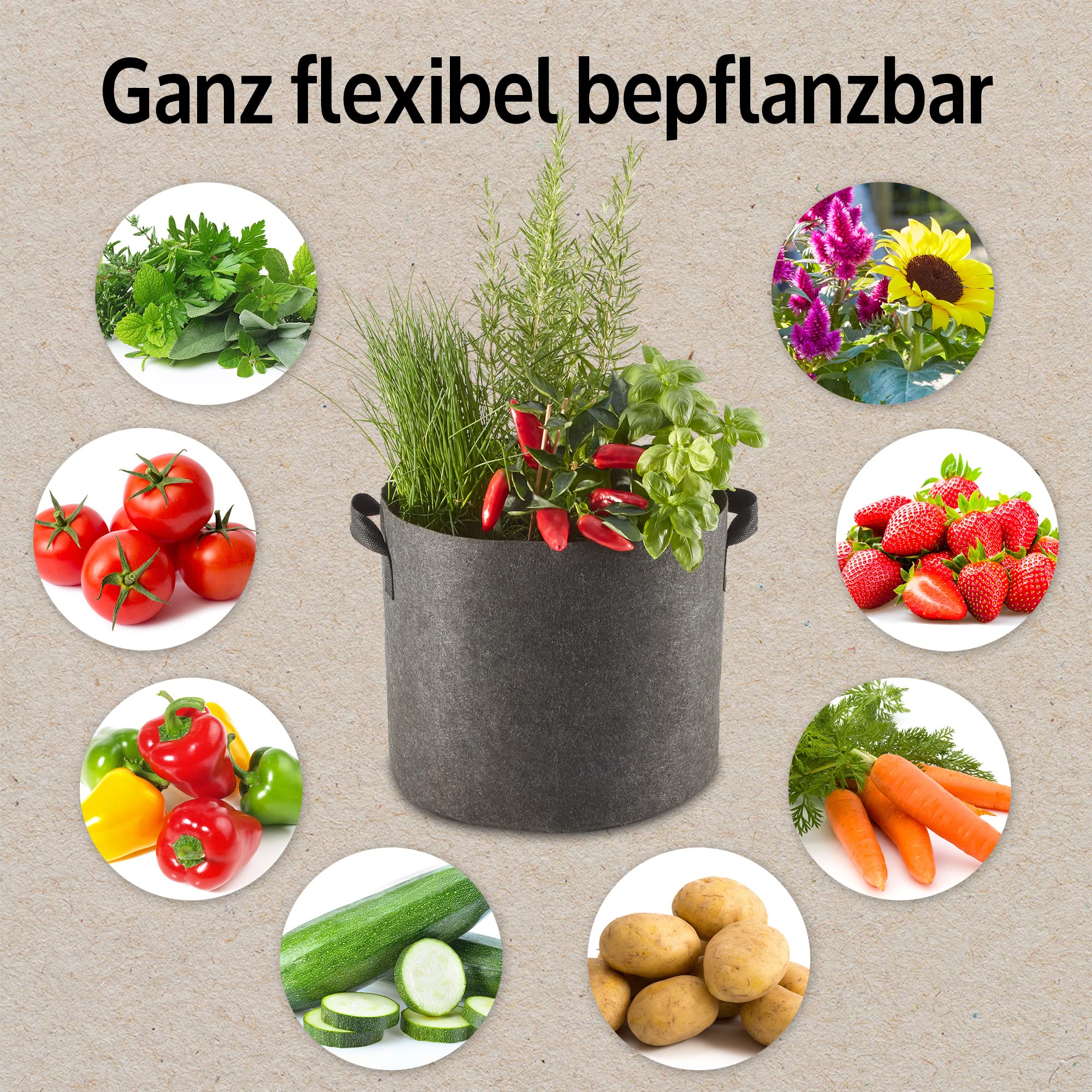 zooprinz Premium 30 L oder 60 L Pflanztaschen aus dickem Vlies – Pflanzsäcke perfekt für Blumen, Tomaten, Kartoffeln und Co – mit stabilen Tragegriffen – Perfekt für Garten & Balkon