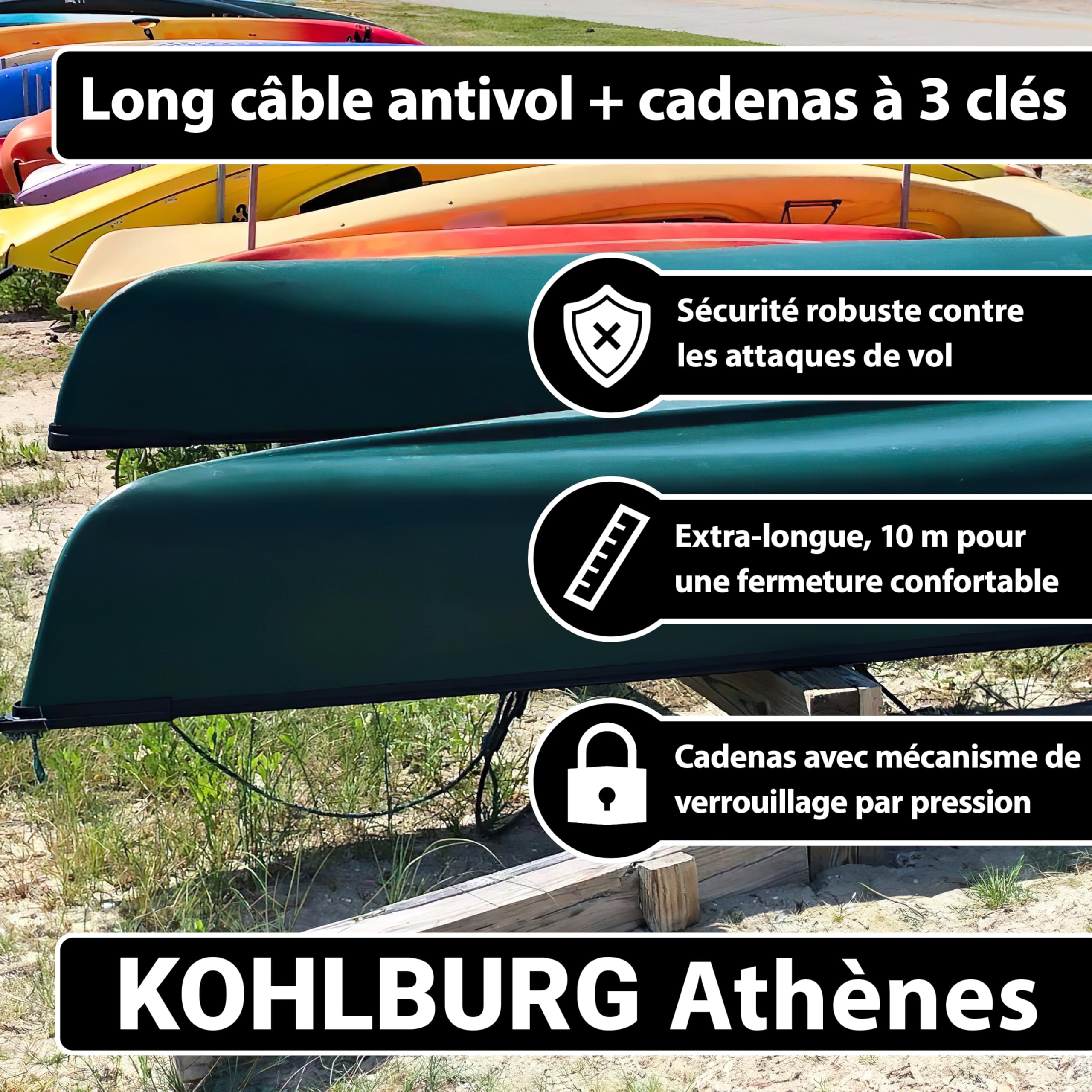 KOHLBURG cable antivol de 10 mètres – cadenas velo à 3 clés – fermeture par simple pression – câble en acier 10 m comme anti vol vélo, remorque, poussette et mobilier de jardin – 1000 cm long
