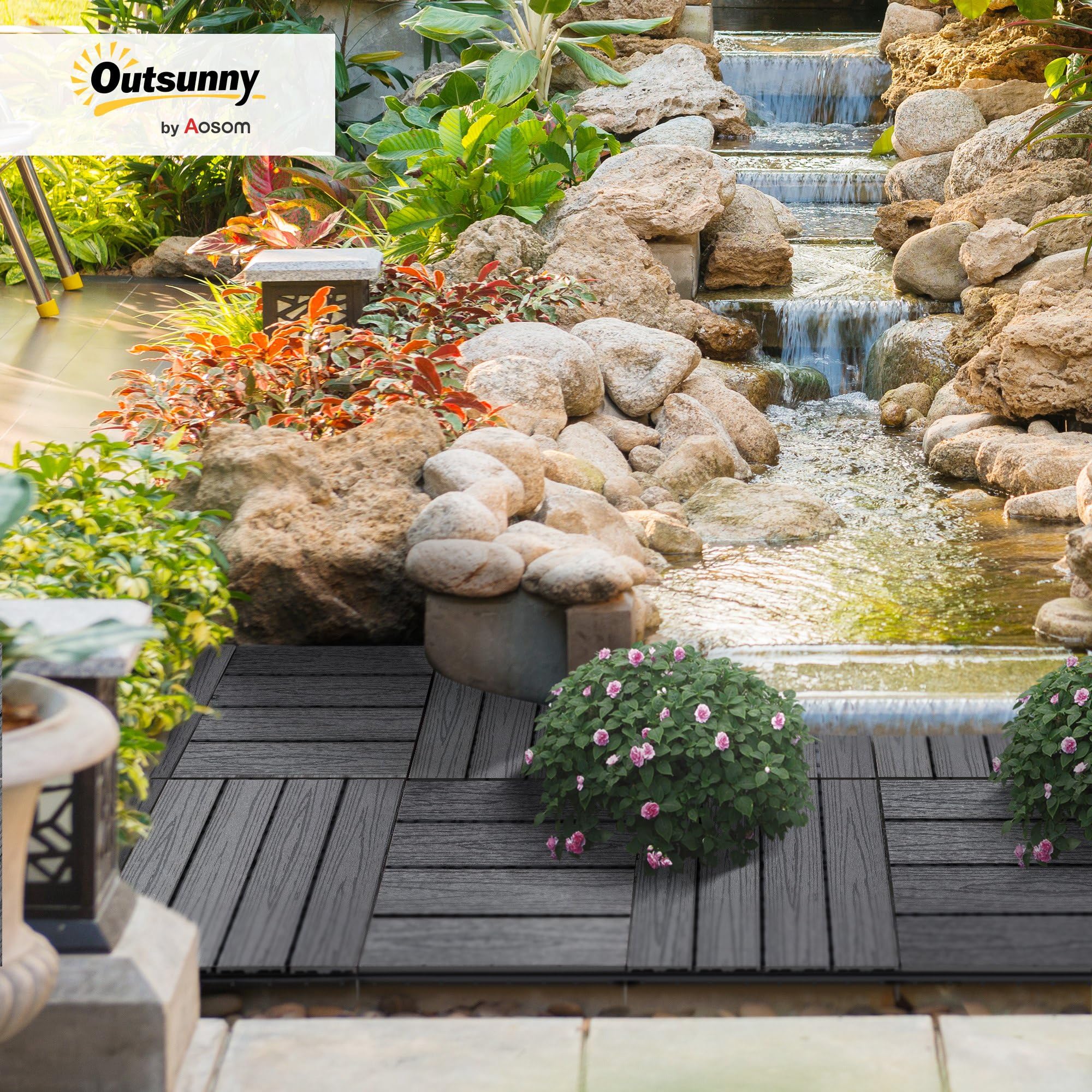 Outsunny Dalles Terrasse Caillebotis Extérieur Lot de 11 pcs 30x30cm Gris | Emboîtables, Surface Max. 1 m², Installation Très Simple