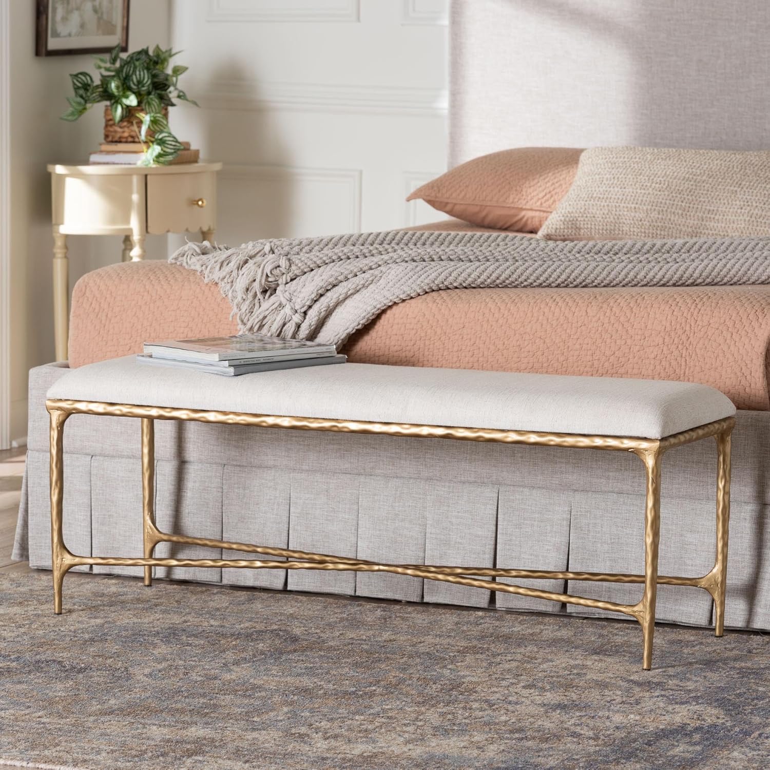 Baxton Studio Fumiye Bench - Modern Rustic Accent Seating with Hand-Forged Metal Frame and Upholstered Cushion for Living Room or Entryway