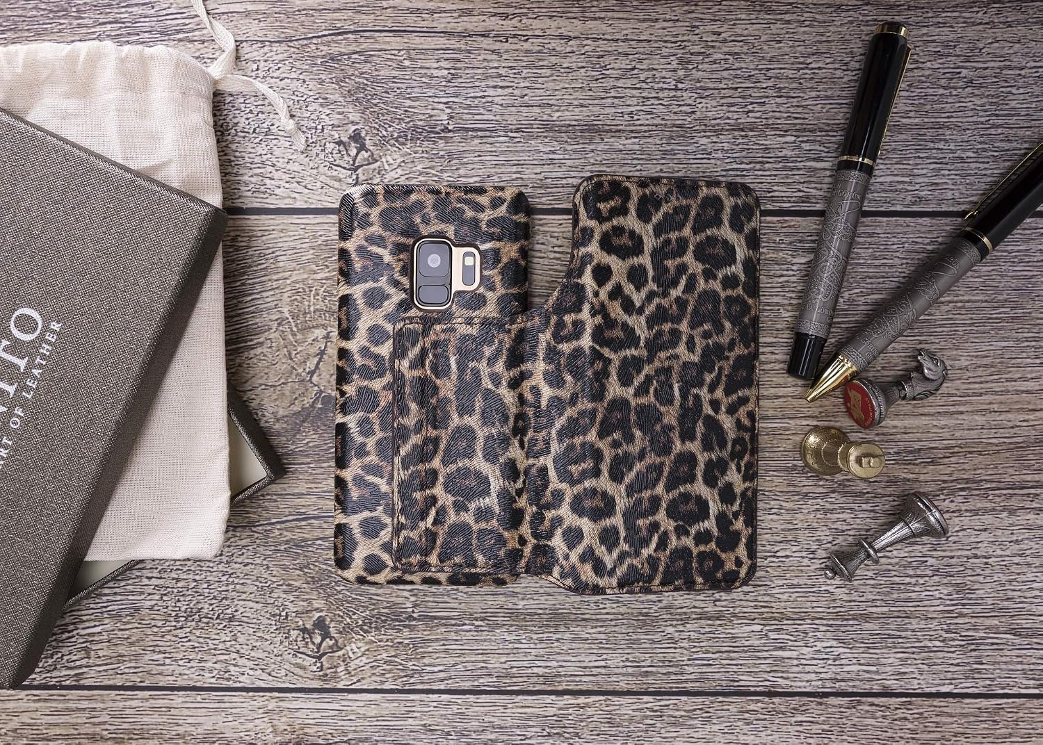Venito Venice Slim Case Compatible with Galaxy S9 Case with Stand, Wallet, Self-Closing, and RFID Blocking Feature (Leopard Pattern)