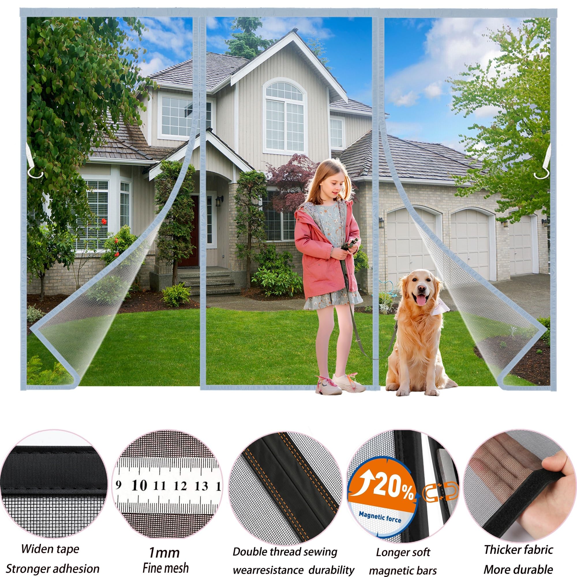 Mosquitera Cortina Puerta Magnetica 270x200cm Imantada Exterior Corredera, Antimosquitos con Imanes, Tela Mosquiteras de Ventanas para Puertas del Balcón, Magnético Automático Gris