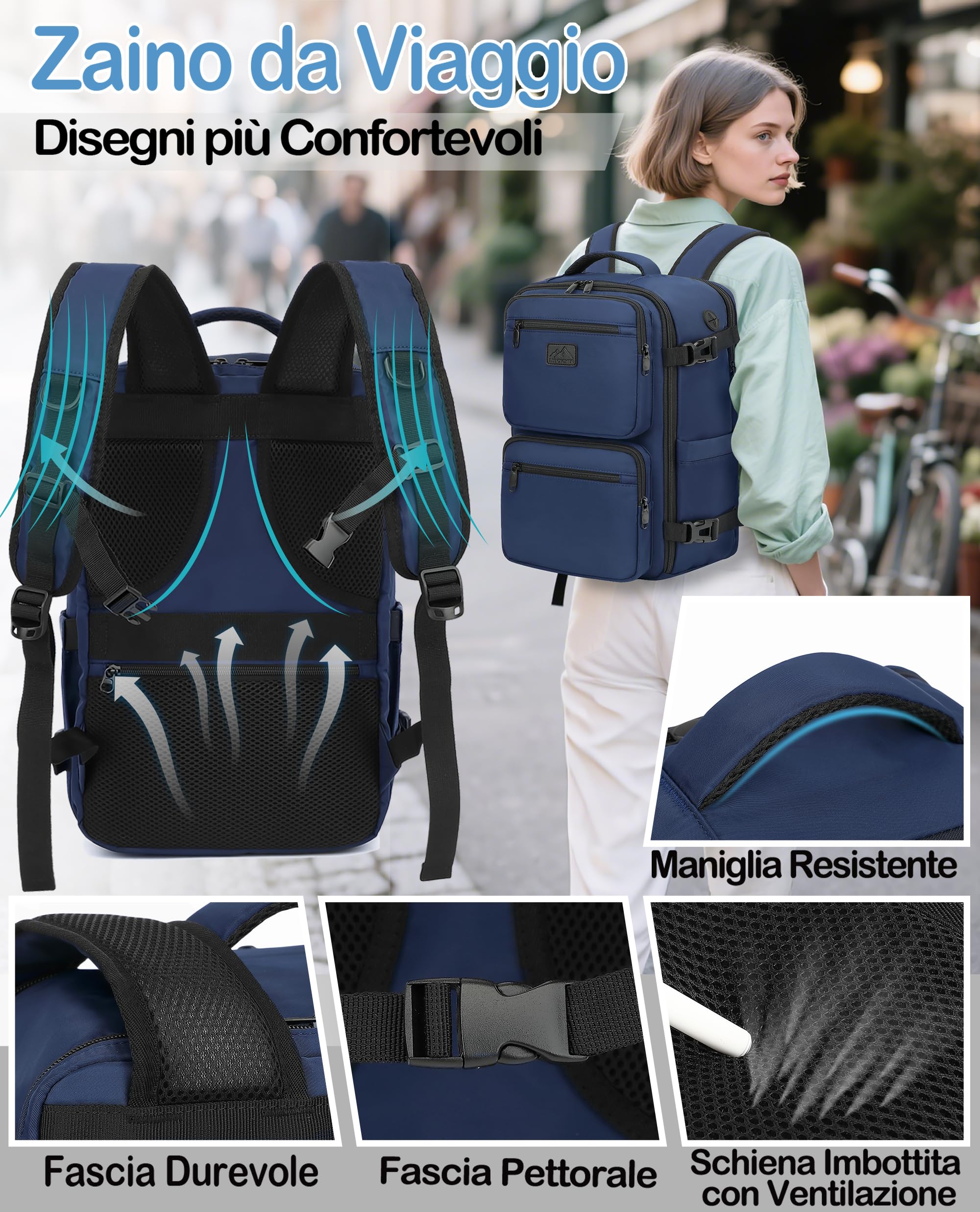 LYNXCHER Zaino Ryanair 40x20x25 da Viaggio Aereo Bagaglio a Mano 20L per Uomo e Donna Borsa da Cabina 14 Pollici Porta PC Blu Scuro