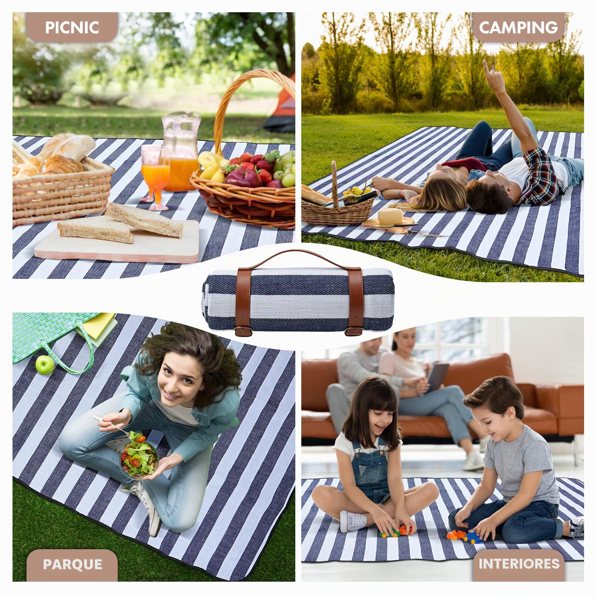 TRIXES Manta de Picnic a Rayas XL con Asa de Transporte - Mantas con Respaldo Impermeables y a Prueba de Arena Picnics, Acampadas y más