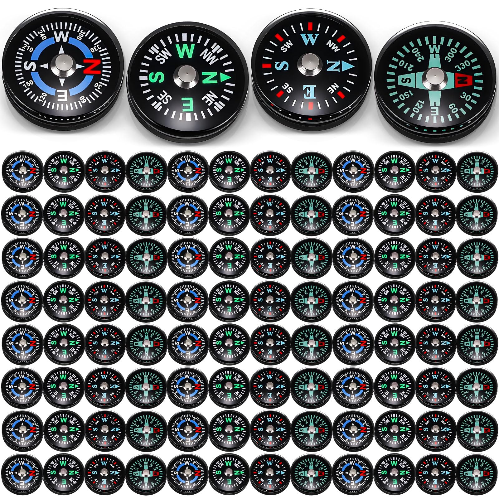 Relaxweex 100 Pcs Button Compass Bulk 20mm Mini Survival Compass Pocket Oil Filled Compass for Camping Hiking Boating Touring Outdoor Activities, 4 Styles