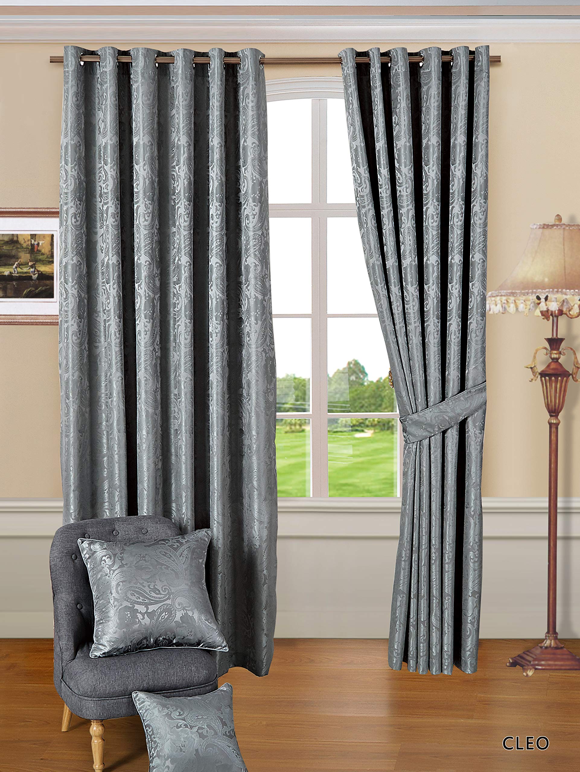 Jacquard Pair Curtain Fully Lined Ring Top Eyelet Tiebacks (RT Silver, 46" x 54" + Tiebacks)