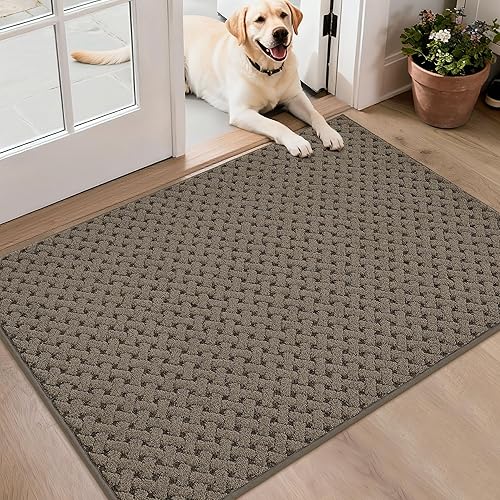 BEQHAUSE Dirt Trapper Door Mat Non-Slip Entryway Rugs Stain Resistant Absorbent Dog Doormats Woven-Look Washable Welcome Floor Doormat for Front Back Door, Muddy Wet Shoes & Paws, 32" x 48", Brown