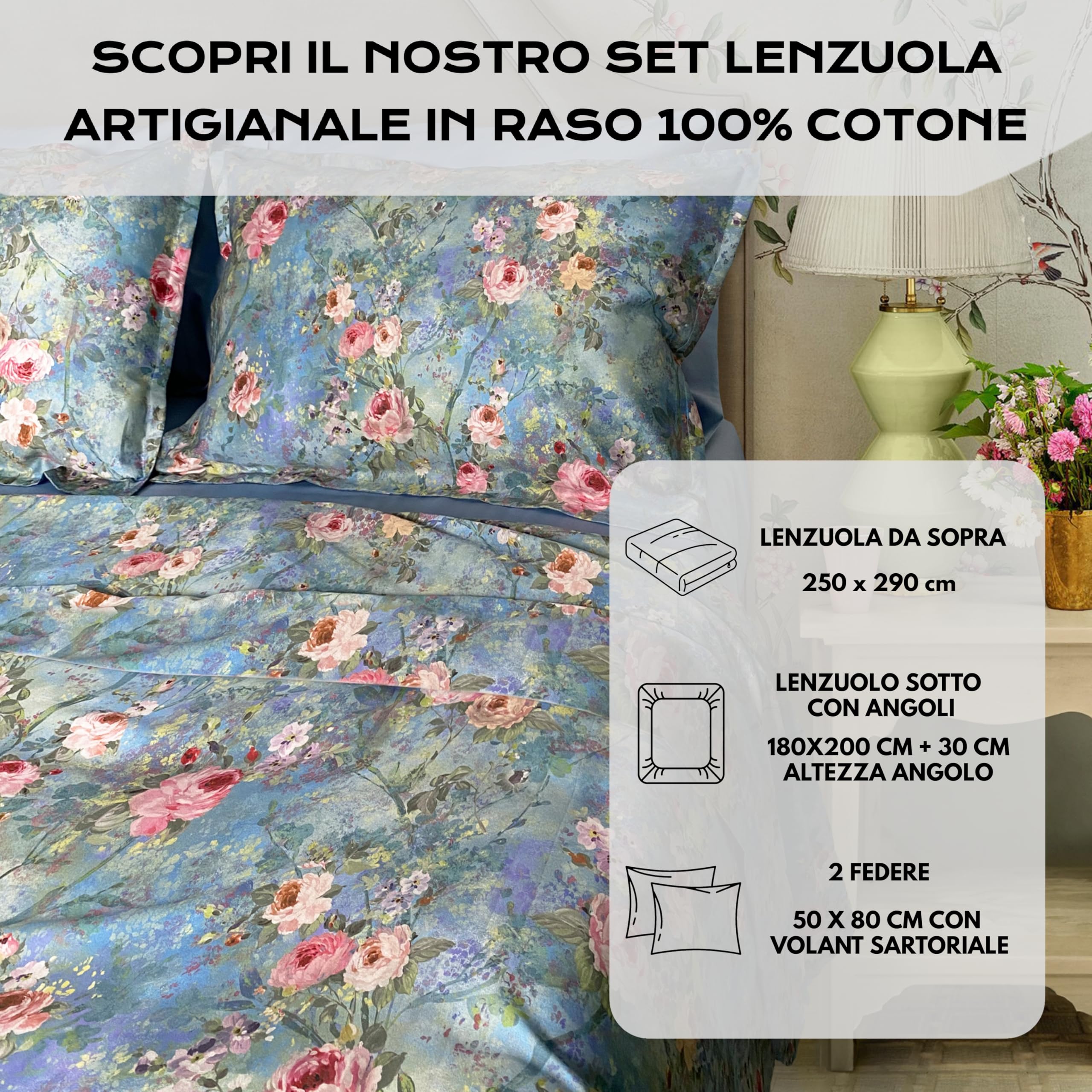 Mahome Set Lenzuola Matrimoniale Pregiato Raso di Cotone 100% 300 fili (TC) Artigianale di Lusso - Lenzuolo con Angoli 180x200x30 cm, Lenzuolo Sopra 250x290 cm, 2 Federe - Made in Italy – Elodie