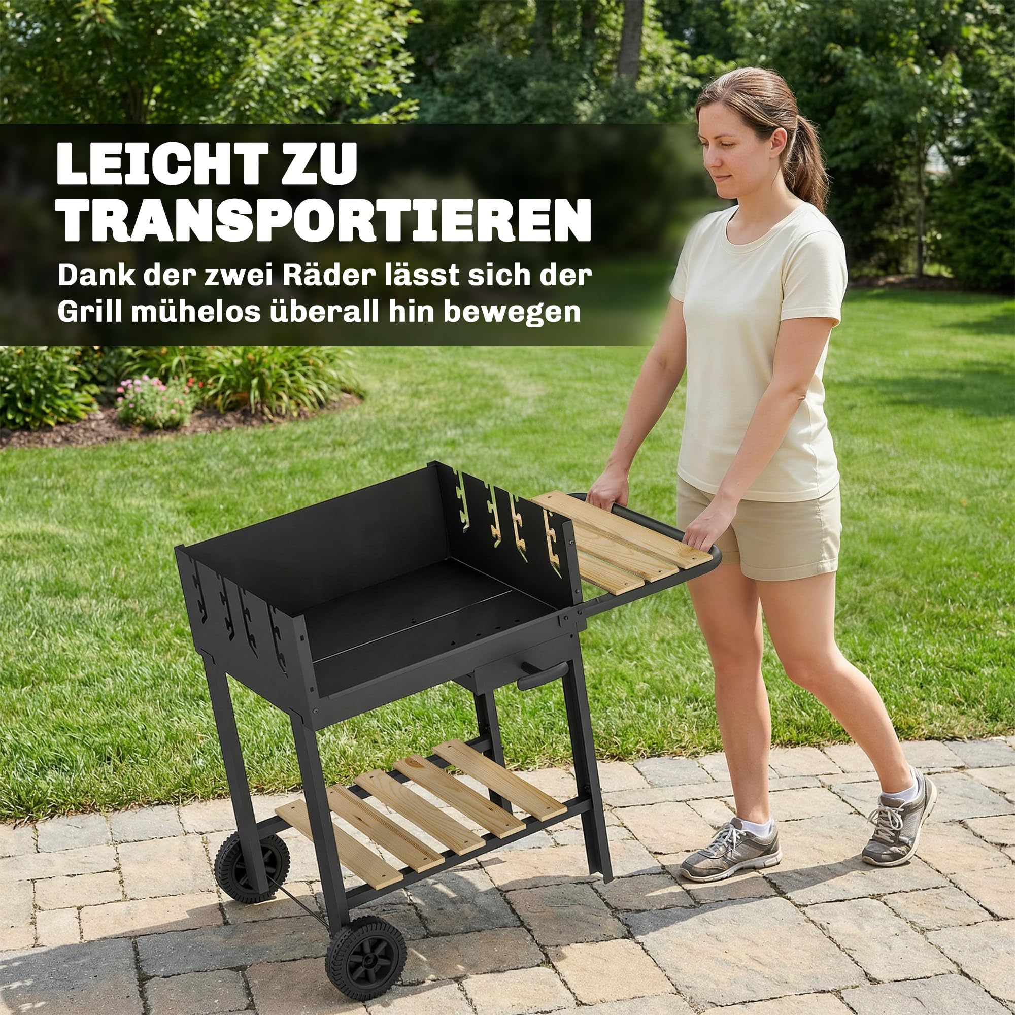 Outsunny Barbecue a carbonella con griglia regolabile in altezza in 4 posizioni, 2 ripiani in legno, 2 ruote, contenitore per cenere, carbone mobile, per 10 persone, per terrazze, picnic, feste, 99,5