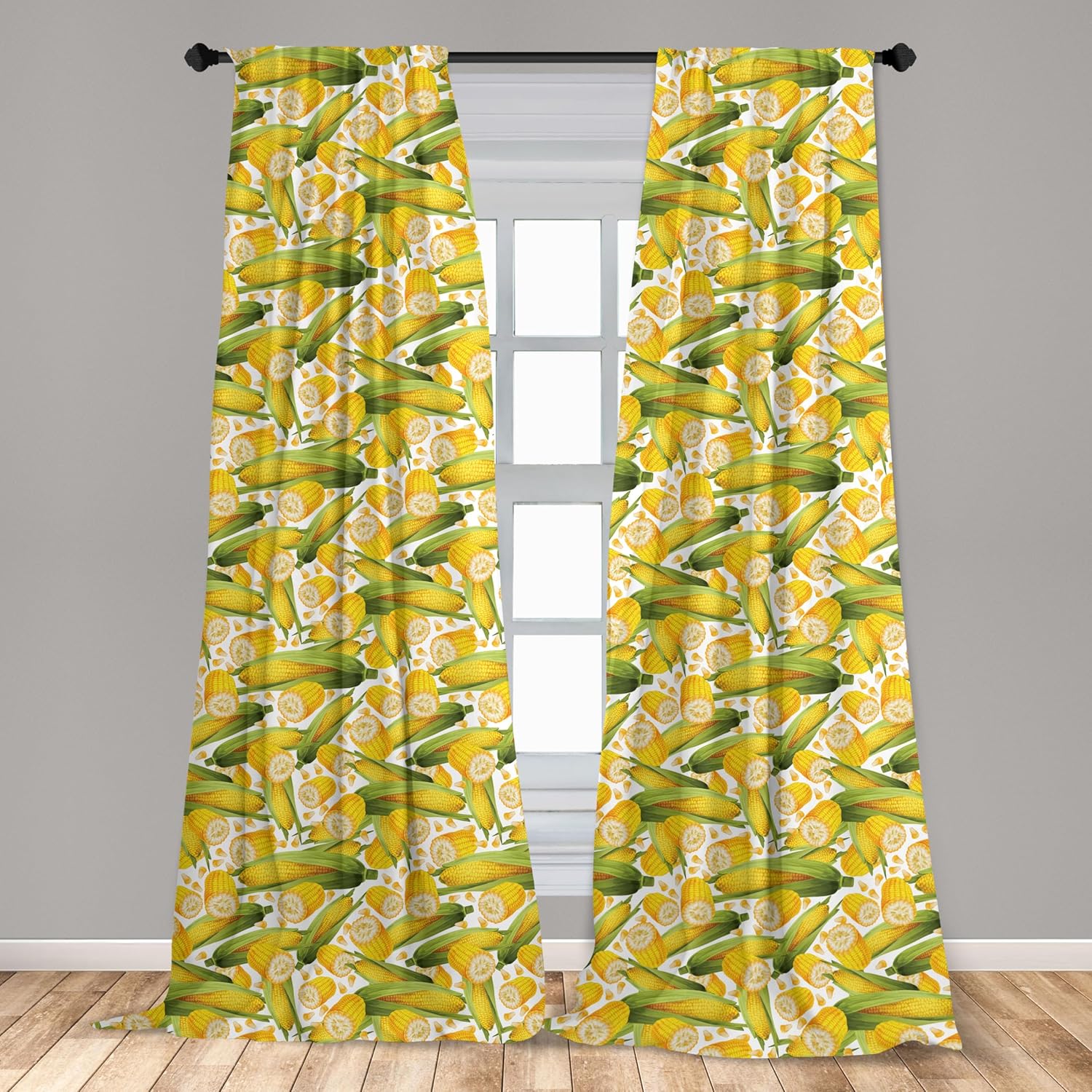Ambesonne Corn Window Curtains, VegetableTraditional Food Realistic Illustration Yellow Corn Stalk Agriculture, Lightweight Decor 2-Panel Set with Rod Pocket, Pair of - 28" x 95", Yellow Green White
