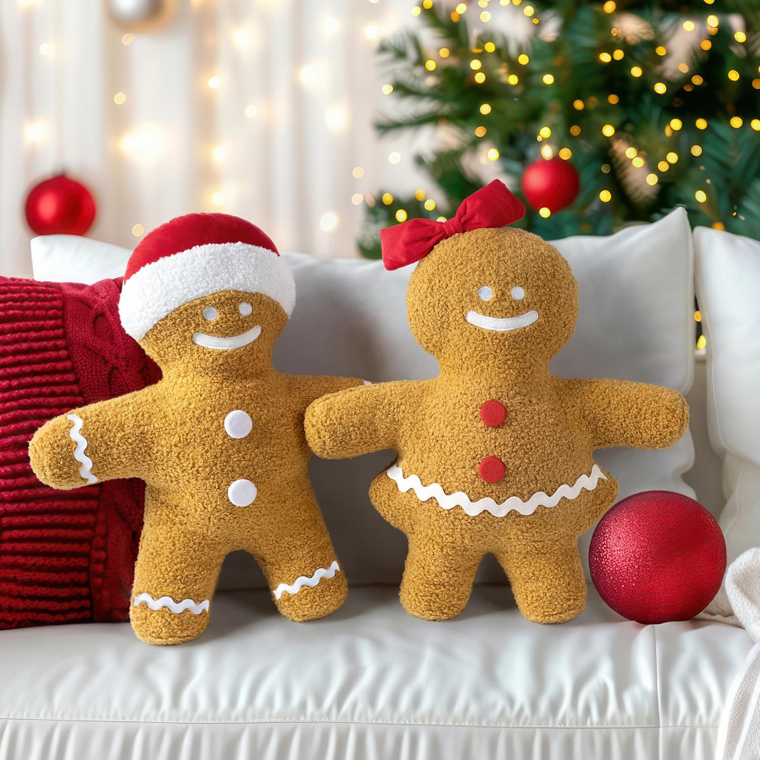 AELS Gingerbread Man Pillow Set of 2, 19" Christmas Decorative Throw Pillows, Gingerbread Boy & Girl Shaped Plush for Christmas, Living Room Bedroom Decoration