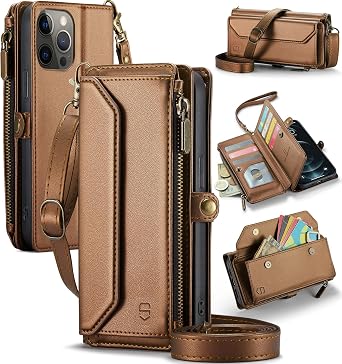 Strapurs for iPhone 12 Pro Max - Zipper Strap Wallet Case for Women, Brown