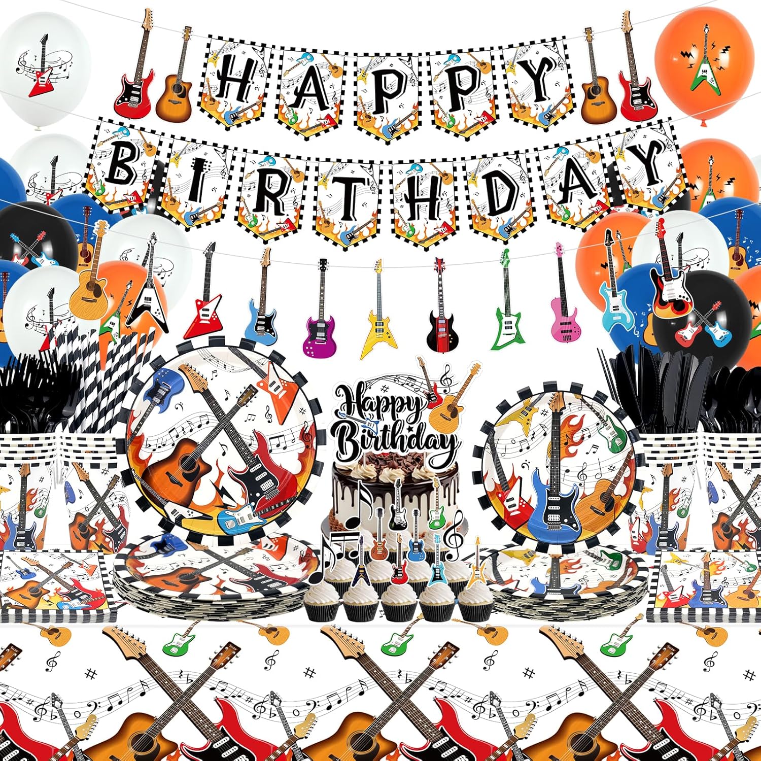 Guitar Birthday Party Supplies Set, Includes Happy Birthday Banner, Plates, Tablecloth, Cups, Balloon and Straws, for Music Instrument Baby Shower Supplies