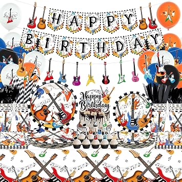 Guitar Birthday Party Supplies Set, Includes Happy Birthday Banner, Plates, Tablecloth, Cups, Balloon and Straws, for Music Instrument Baby Shower Supplies