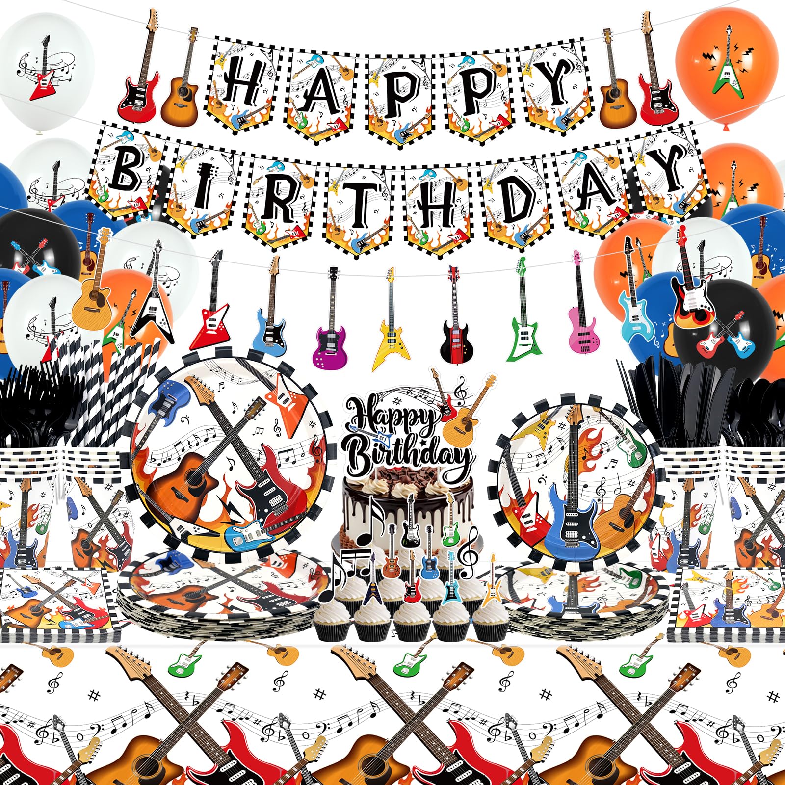 Guitar Birthday Party Supplies Set, Includes Happy Birthday Banner, Plates, Tablecloth, Cups, Balloon and Straws, for Music Instrument Baby Shower